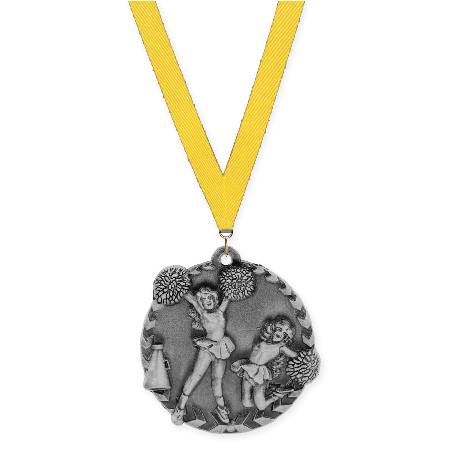 1 3/4 inch cheerleading Millennium medal in antique silver with Yellow neck ribbon