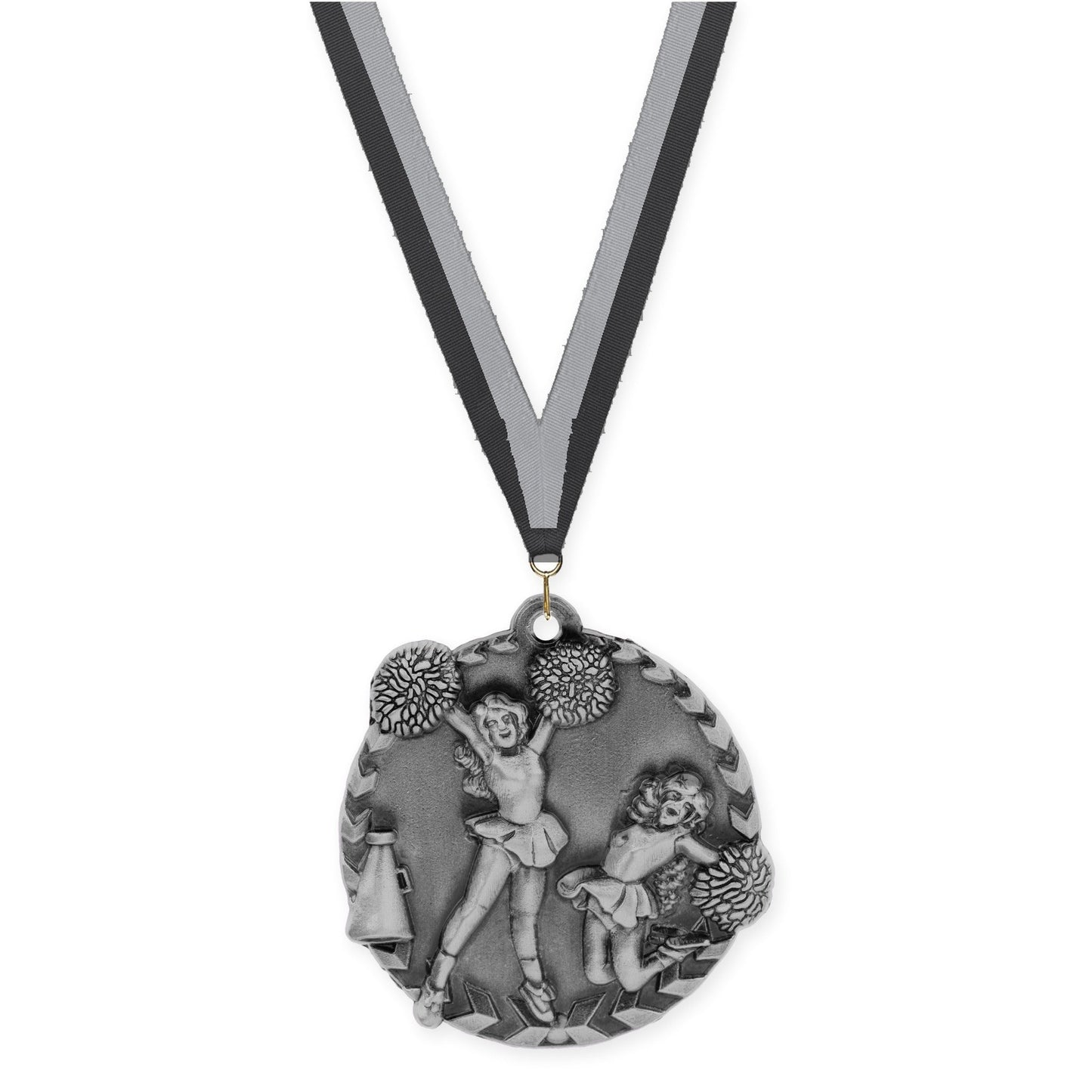 1 3/4 inch cheerleading Millennium medal in antique silver with Black Gray neck ribbon