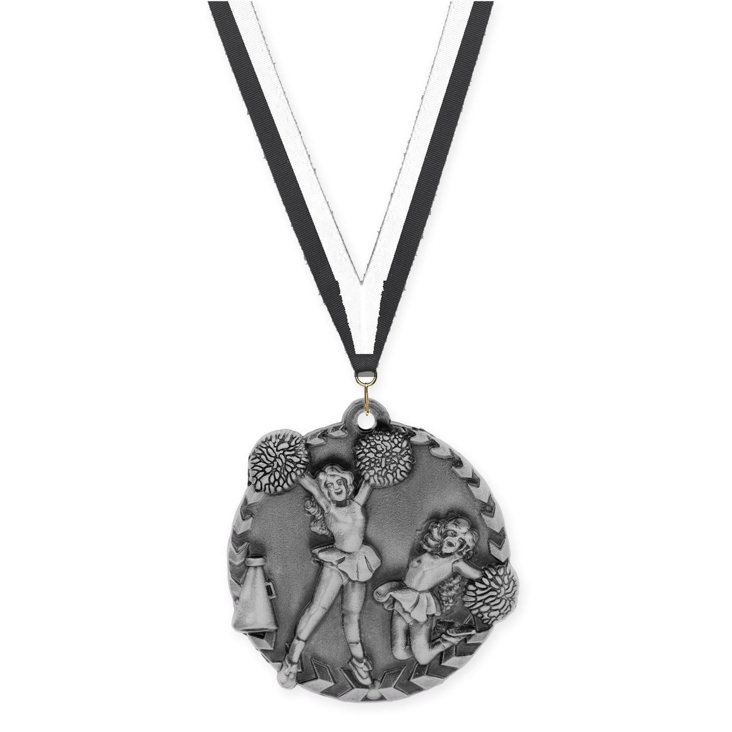 1 3/4 inch cheerleading Millennium medal in antique silver with Black White neck ribbon