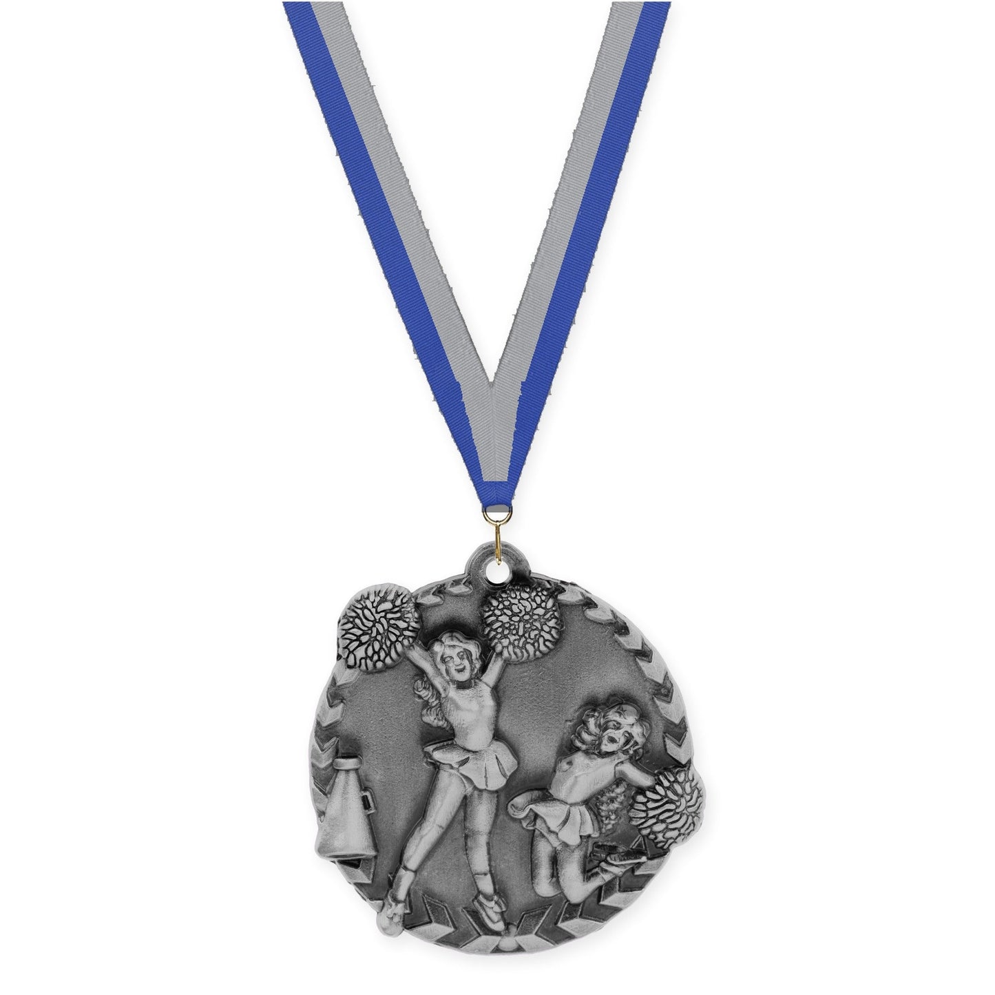 1 3/4 inch cheerleading Millennium medal in antique silver with Blue Gray neck ribbon