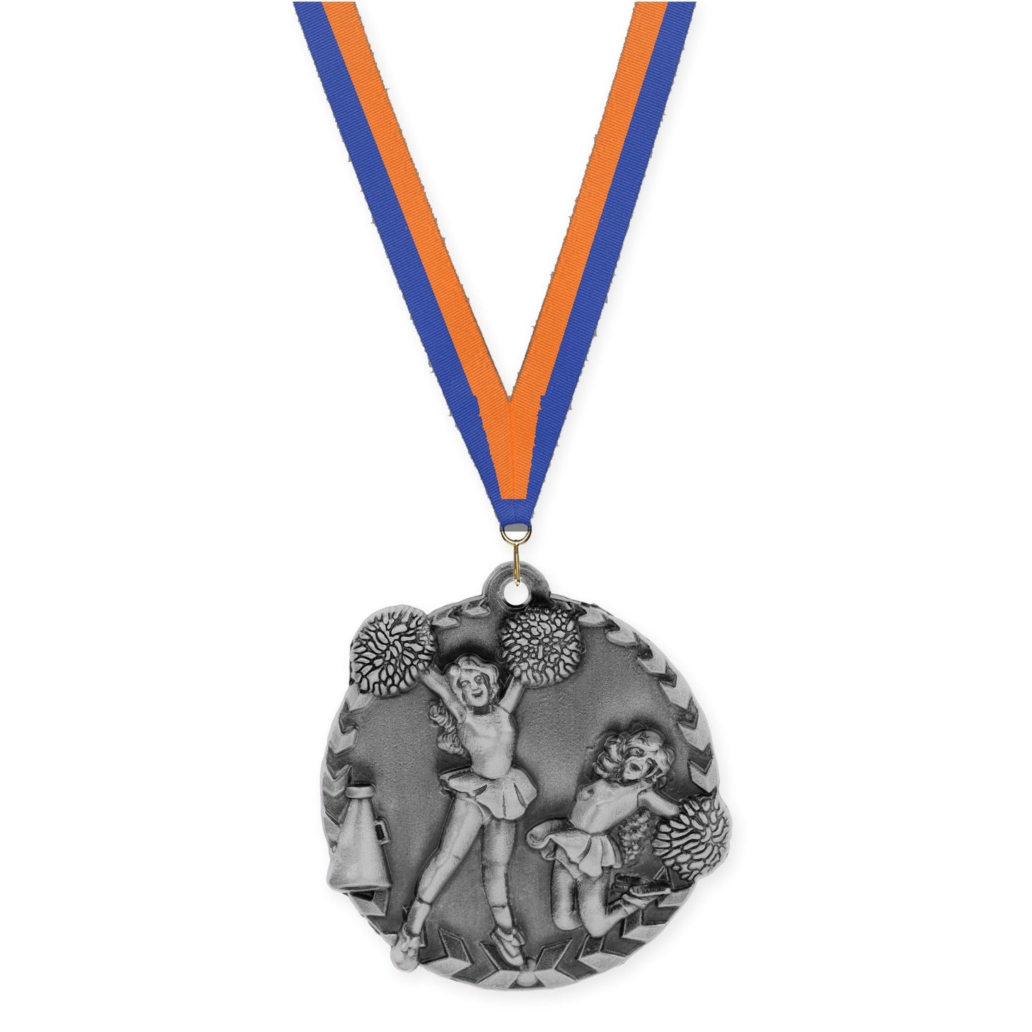 1 3/4 inch cheerleading Millennium medal in antique silver with Blue Orange neck ribbon