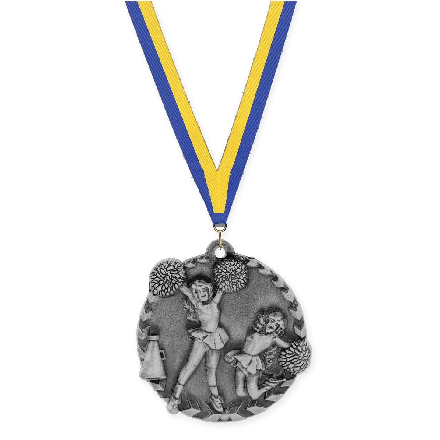 1 3/4 inch cheerleading Millennium medal in antique silver with Blue Yellow neck ribbon