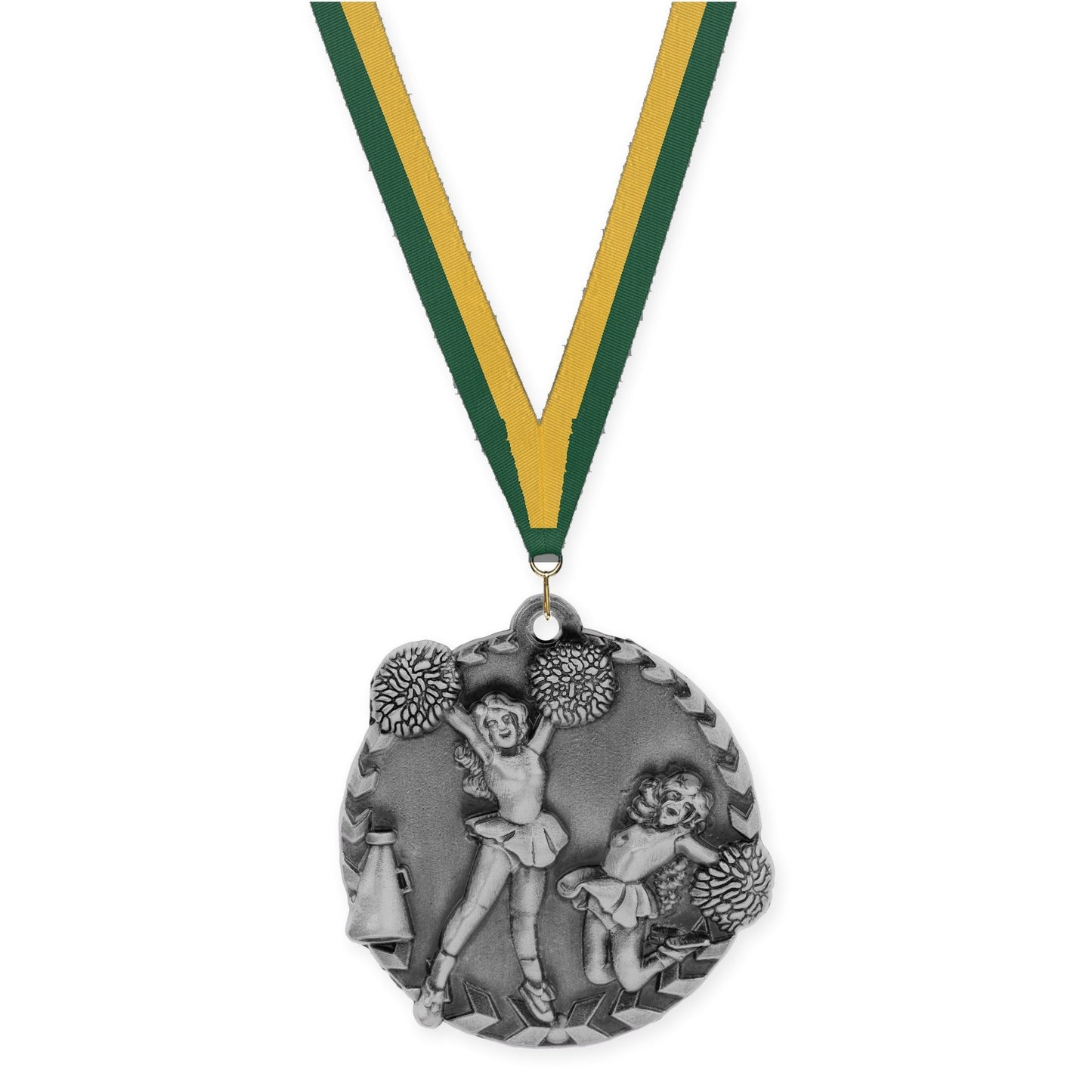 1 3/4 inch cheerleading Millennium medal in antique silver with Hunter Green Gold neck ribbon