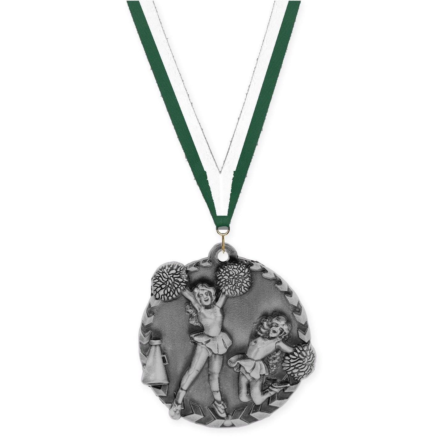 1 3/4 inch cheerleading Millennium medal in antique silver with Hunter Green White neck ribbon