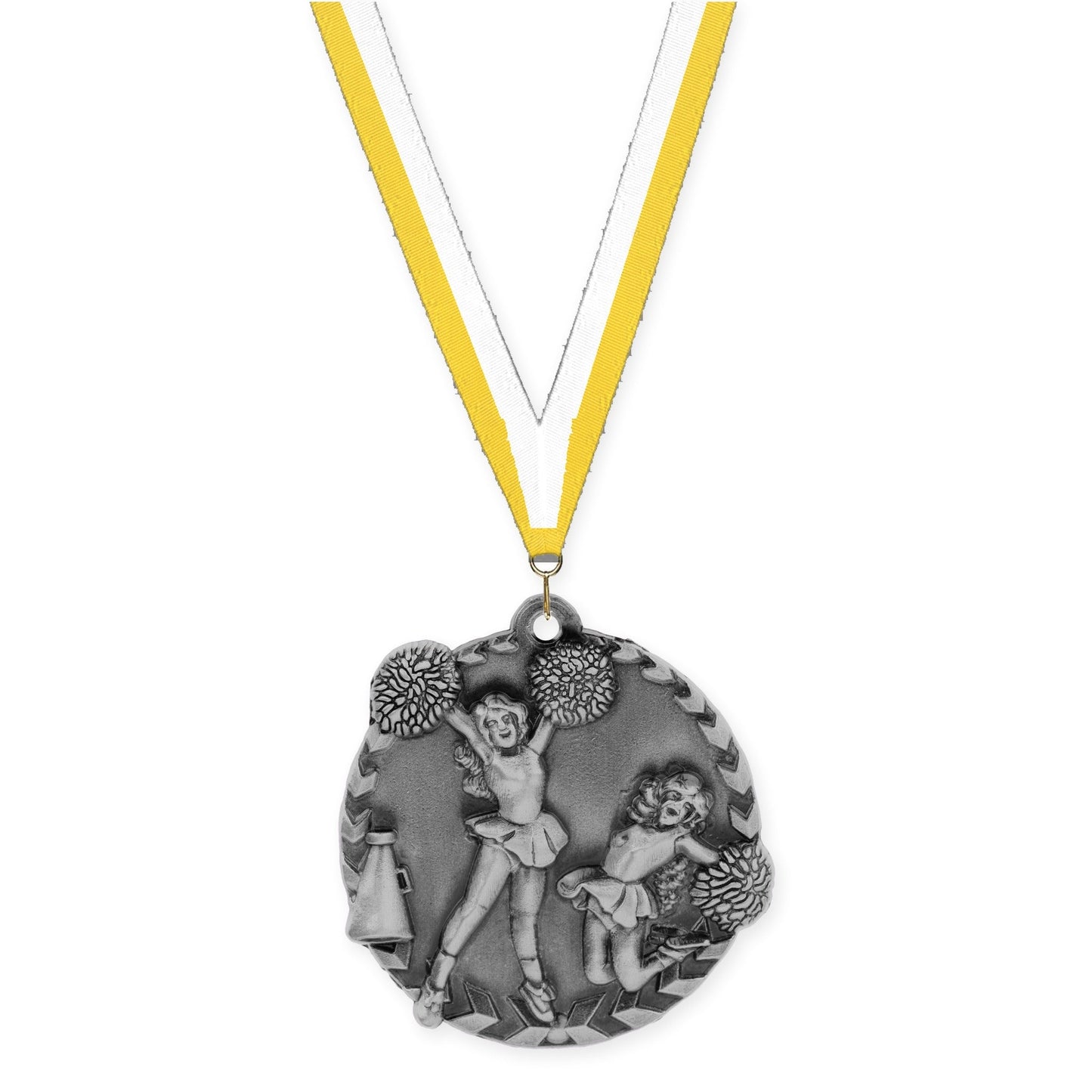 1 3/4 inch cheerleading Millennium medal in antique silver with Yellow White neck ribbon