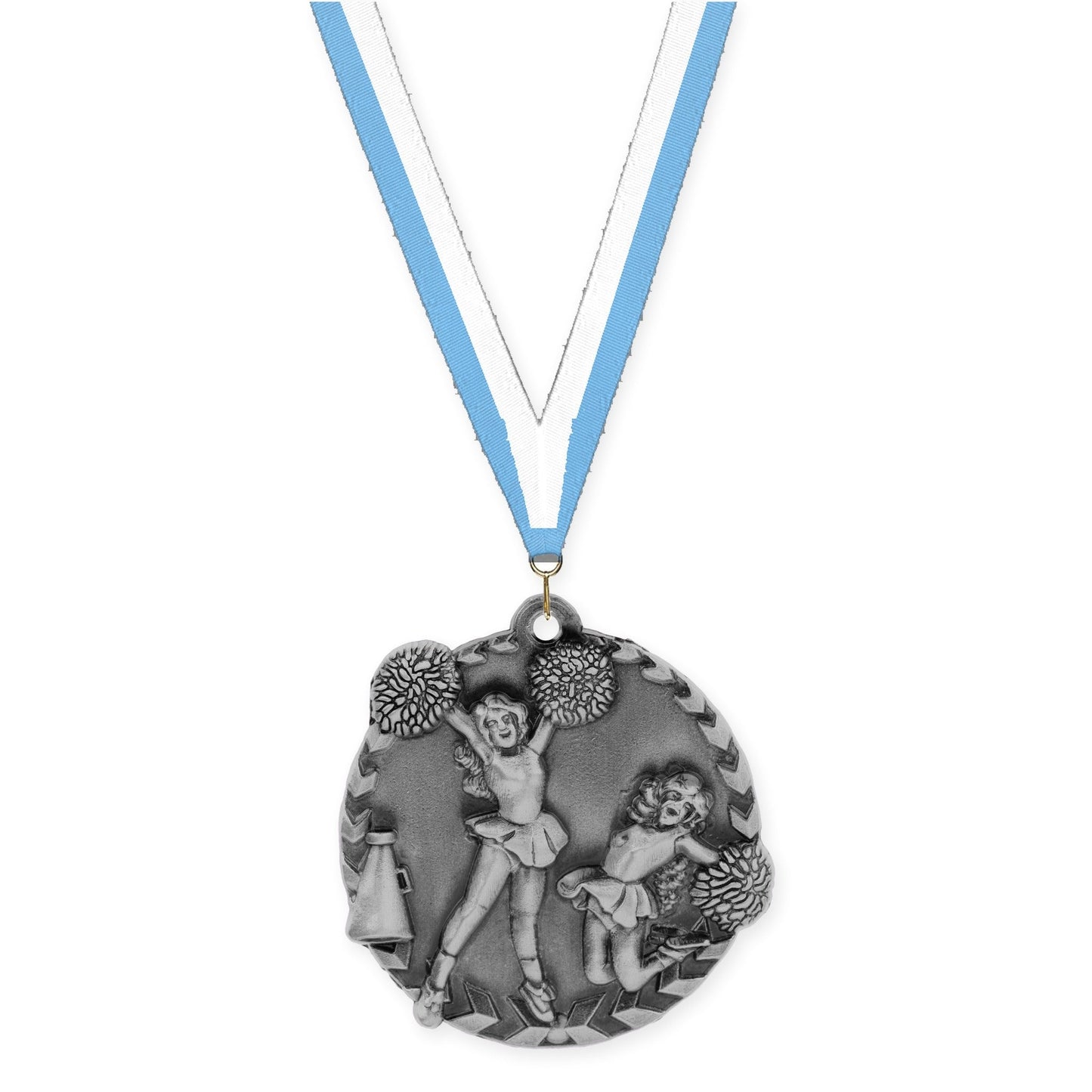 1 3/4 inch cheerleading Millennium medal in antique silver with Light Blue White neck ribbon
