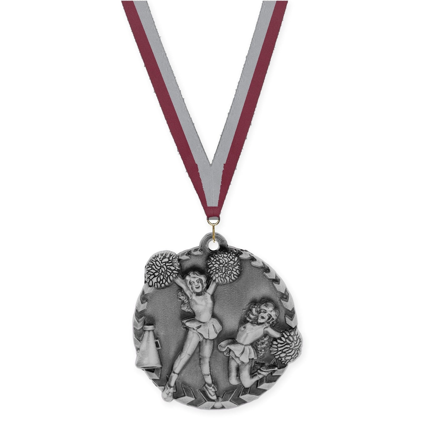 1 3/4 inch cheerleading Millennium medal in antique silver with Maroon Gray neck ribbon