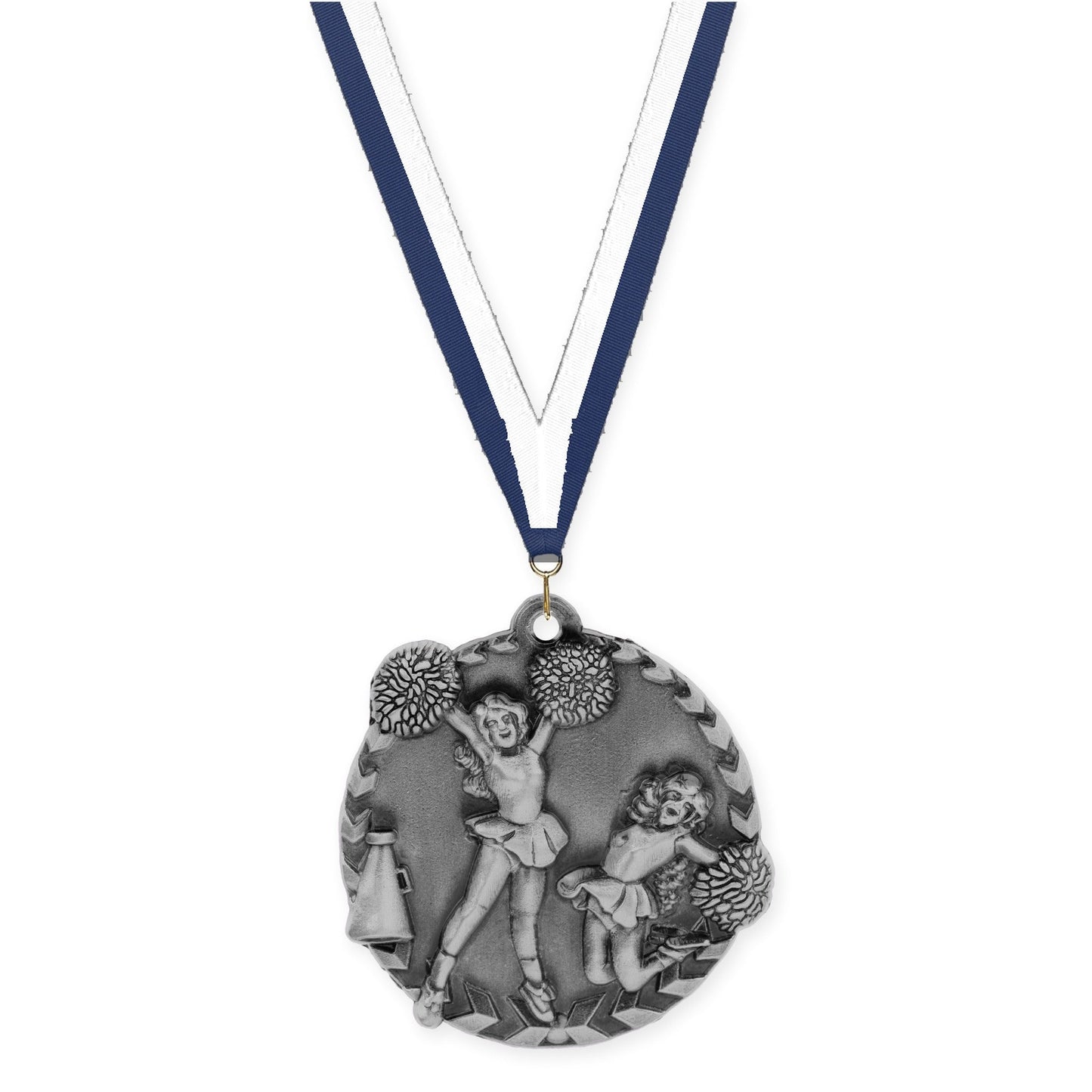 1 3/4 inch cheerleading Millennium medal in antique silver with Navy White neck ribbon