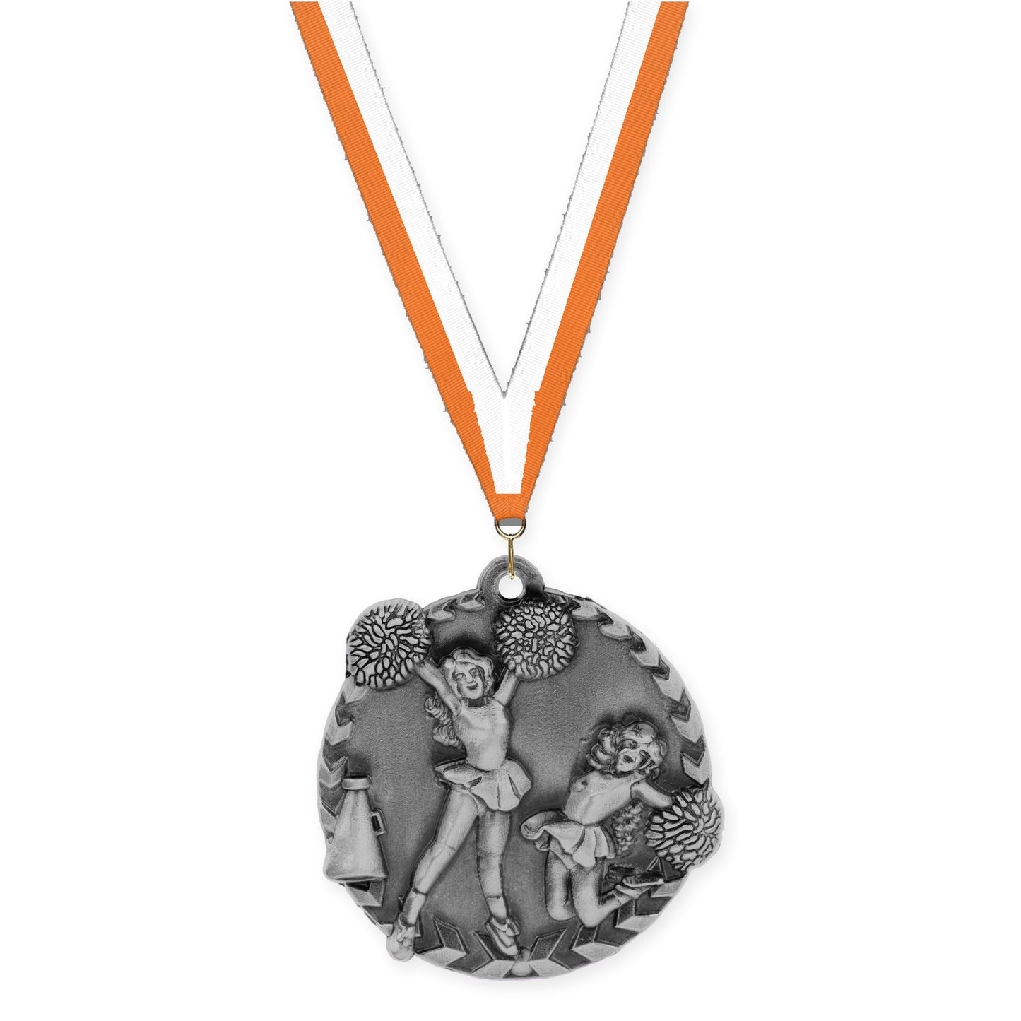 1 3/4 inch cheerleading Millennium medal in antique silver with Orange White neck ribbon