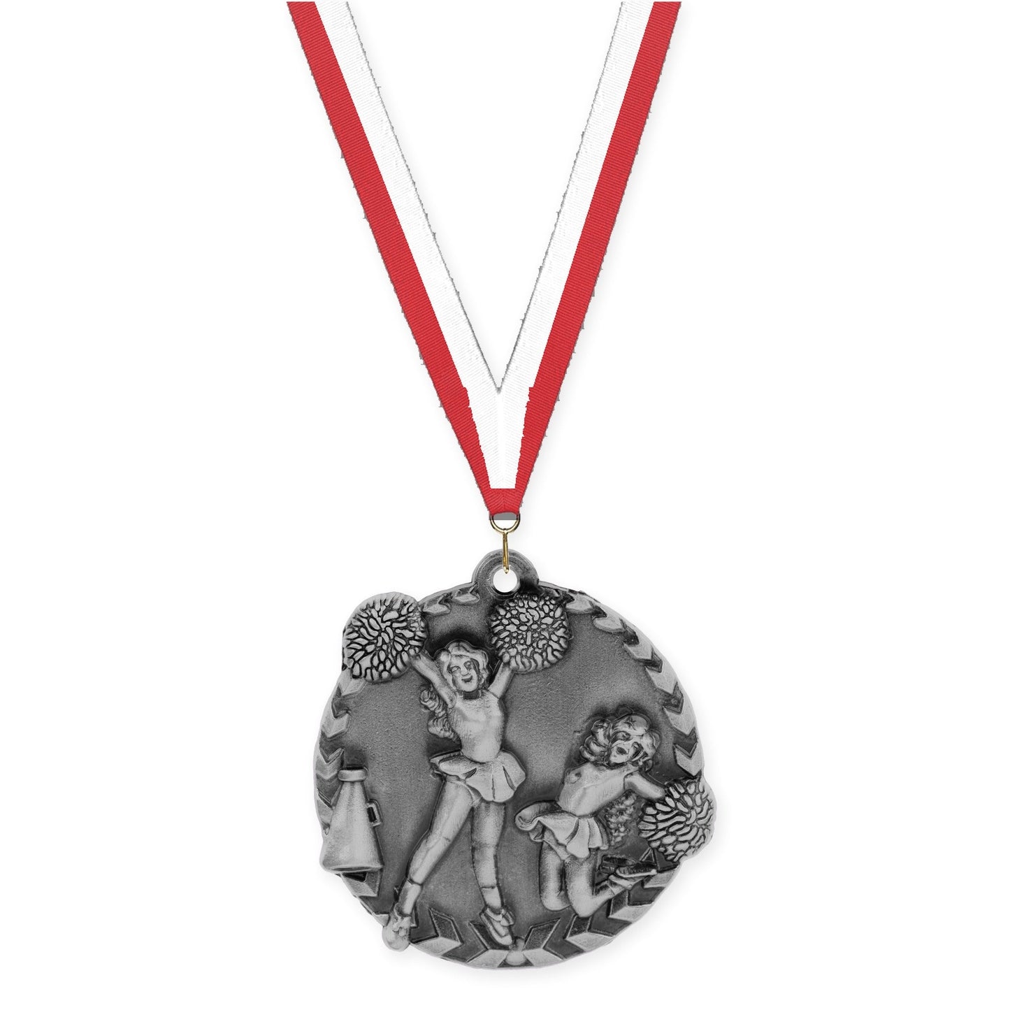 1 3/4 inch cheerleading Millennium medal in antique silver with Red White neck ribbon