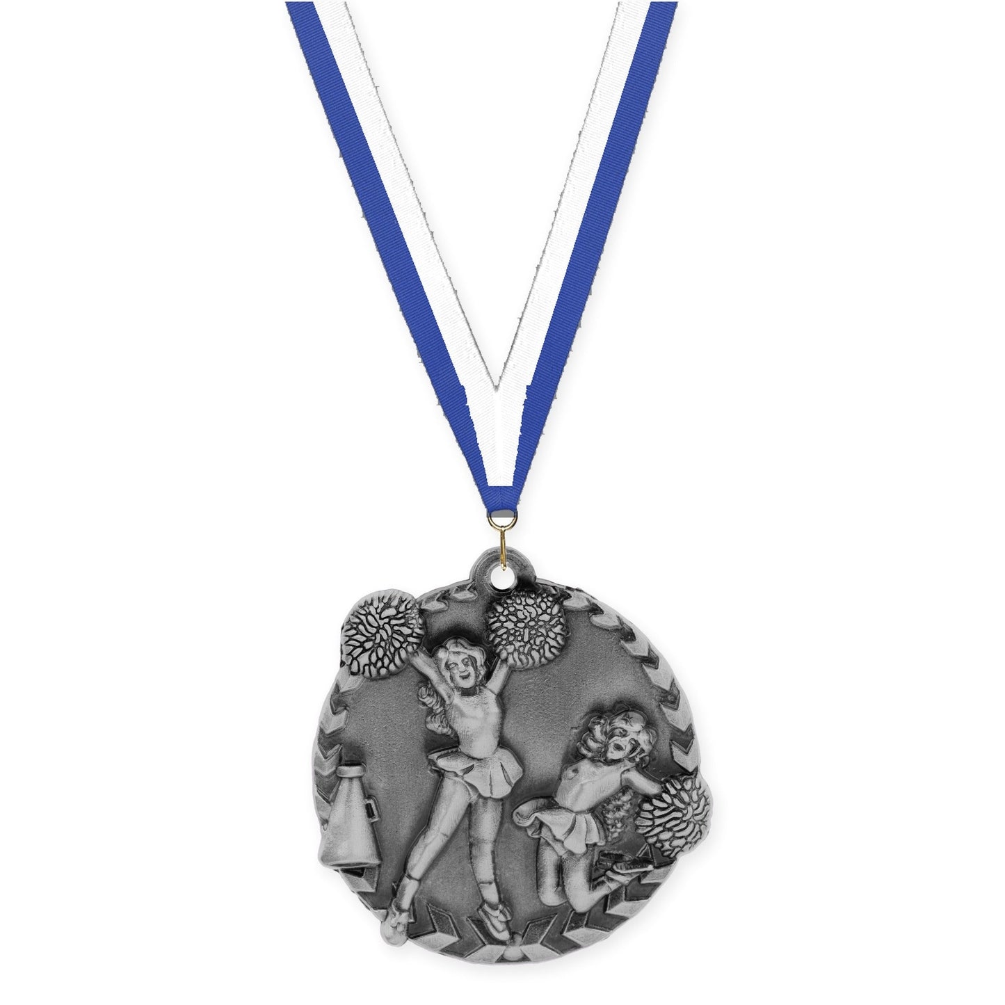 1 3/4 inch cheerleading Millennium medal in antique silver with Blue White neck ribbon