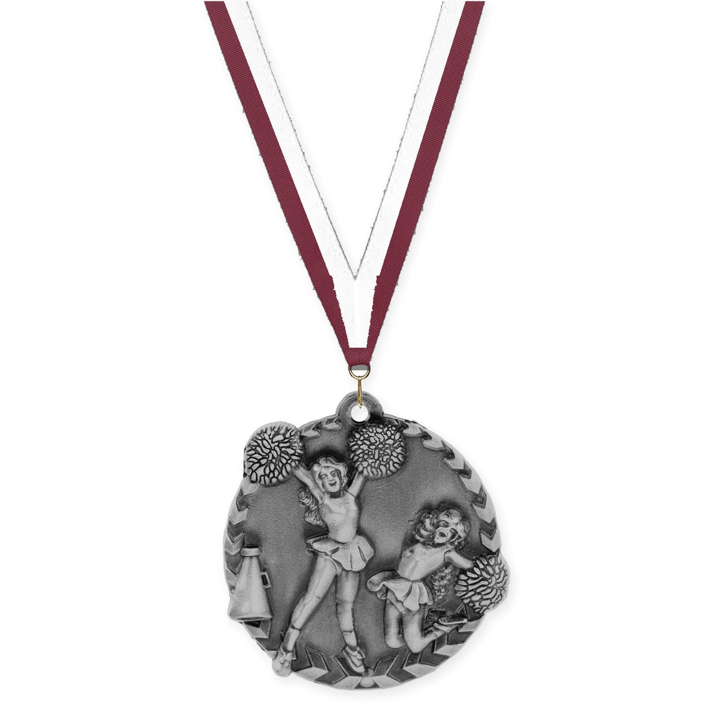 1 3/4 inch cheerleading Millennium medal in antique silver with Maroon White neck ribbon