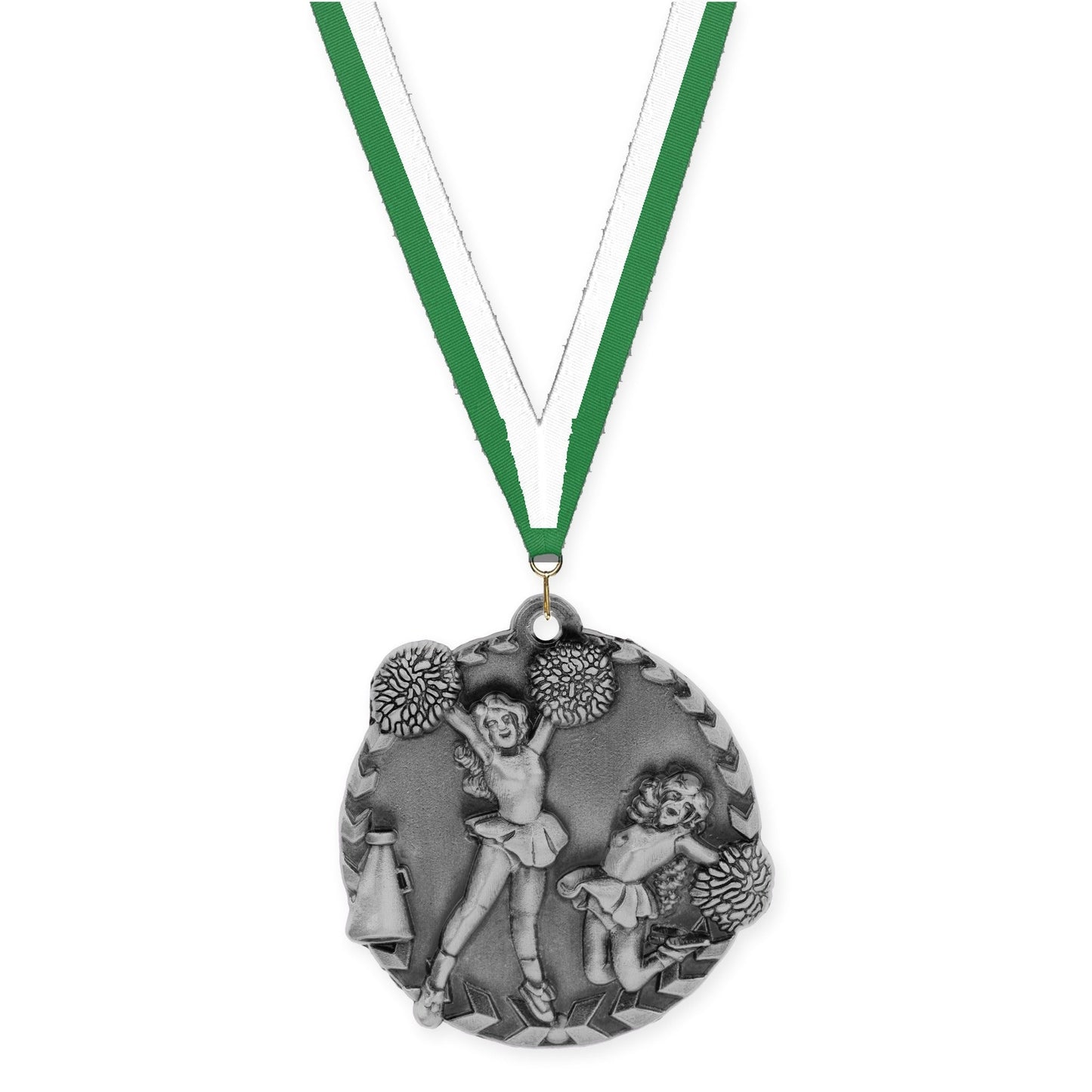 1 3/4 inch cheerleading Millennium medal in antique silver with Green White neck ribbon
