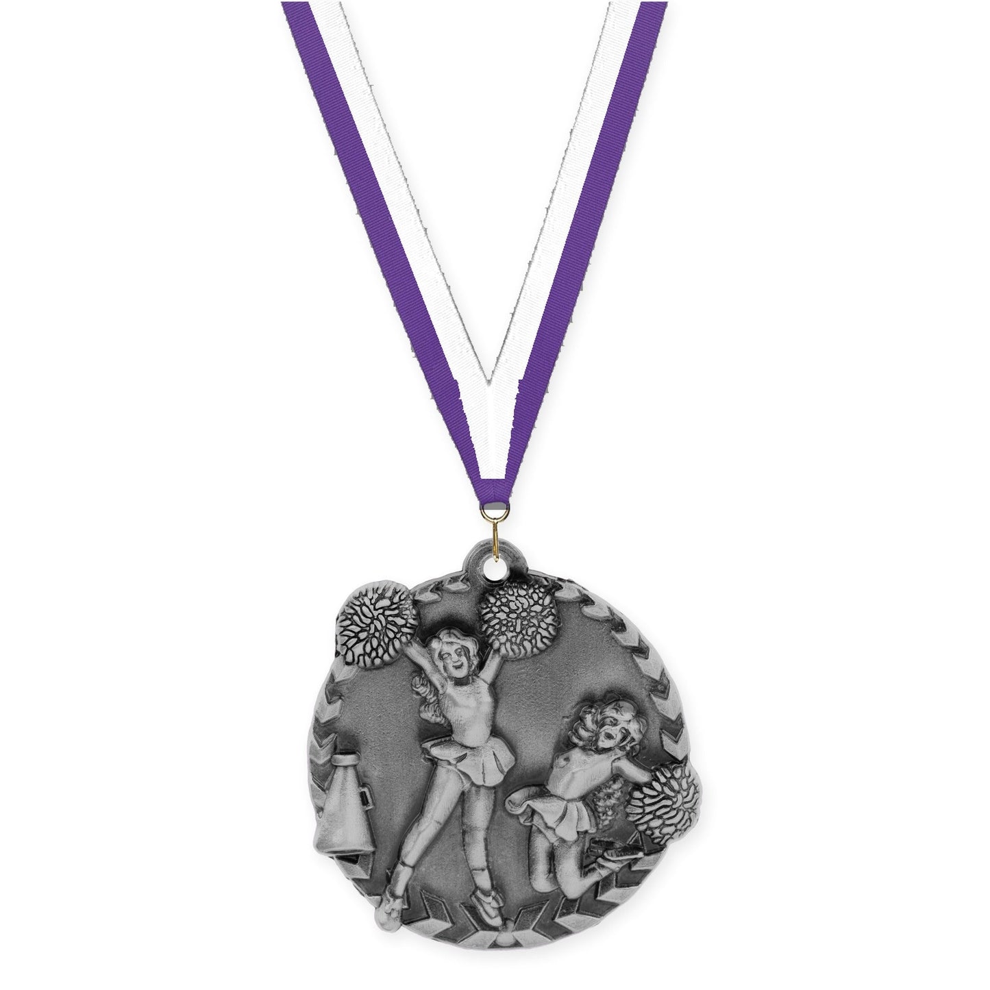 1 3/4 inch cheerleading Millennium medal in antique silver with Purple White neck ribbon