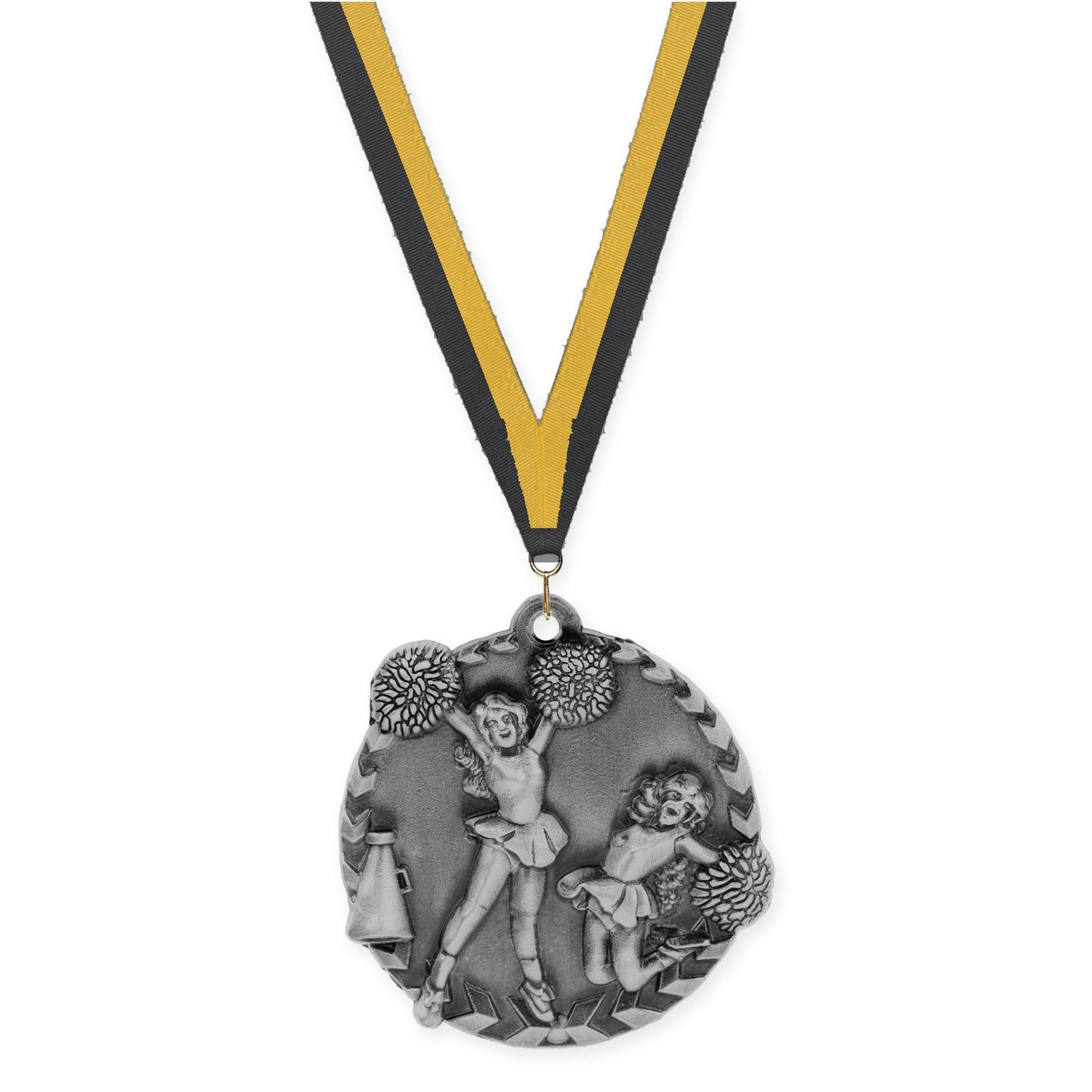 1 3/4 inch cheerleading Millennium medal in antique silver with Black Gold neck ribbon
