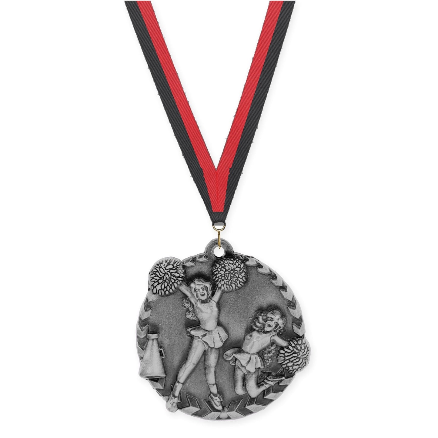 1 3/4 inch cheerleading Millennium medal in antique silver with Black Red neck ribbon