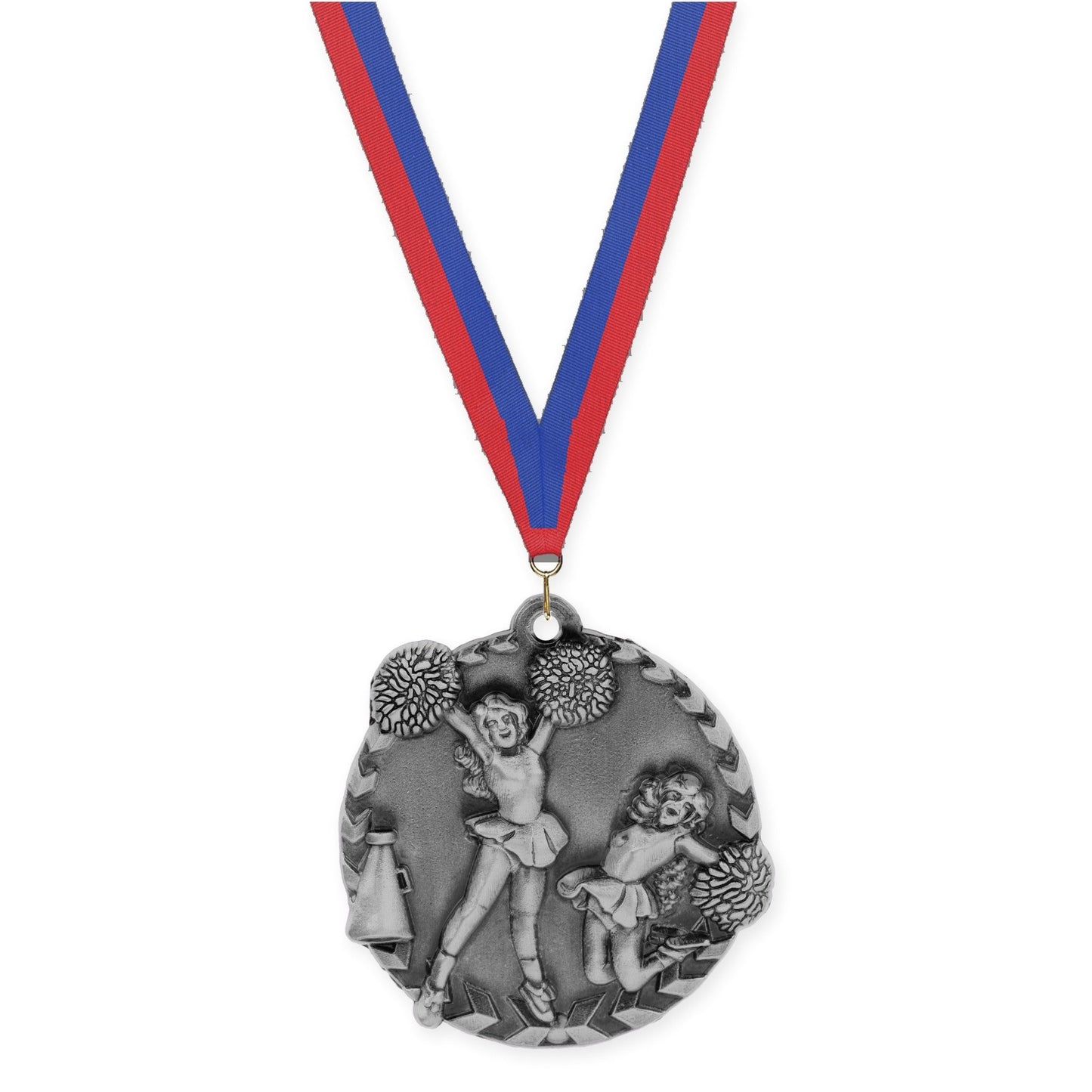 1 3/4 inch cheerleading Millennium medal in antique silver with Blue Red neck ribbon