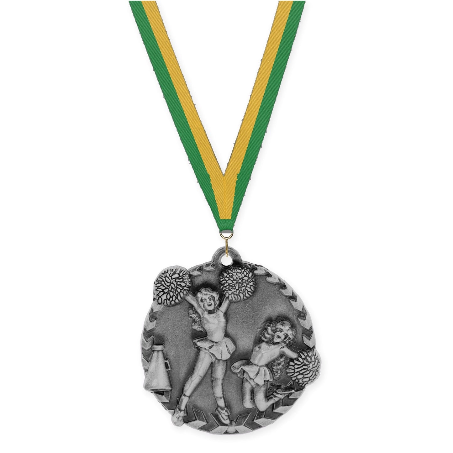 1 3/4 inch cheerleading Millennium medal in antique silver with Green Gold neck ribbon