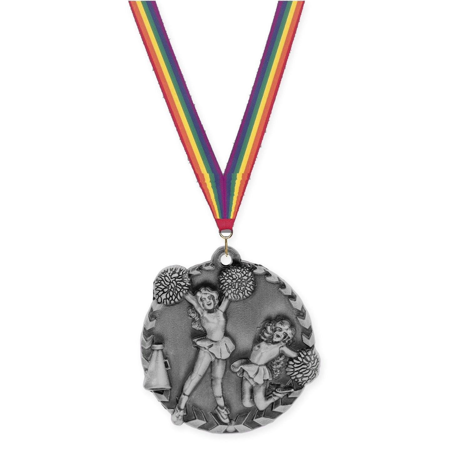 1 3/4 inch cheerleading Millennium medal in antique silver with Rainbow neck ribbon