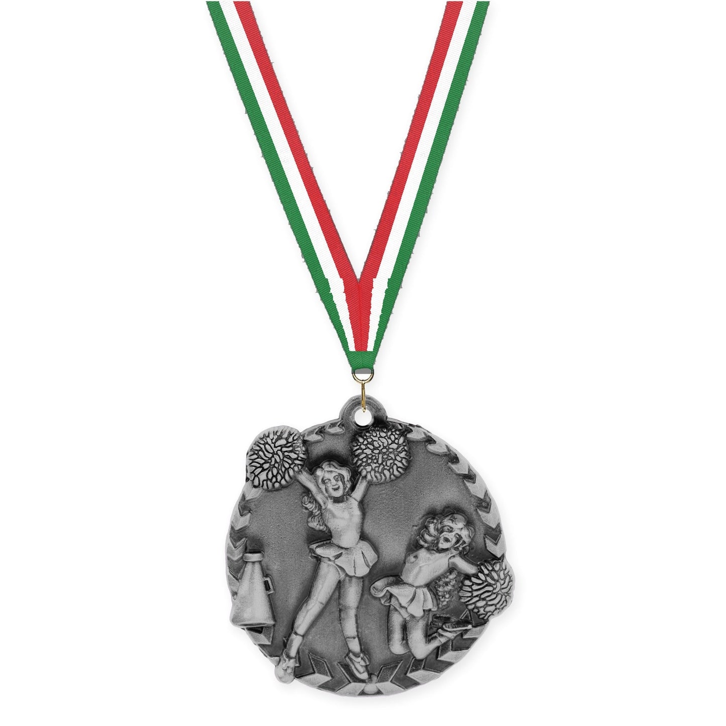 1 3/4 inch cheerleading Millennium medal in antique silver with Green White Red neck ribbon