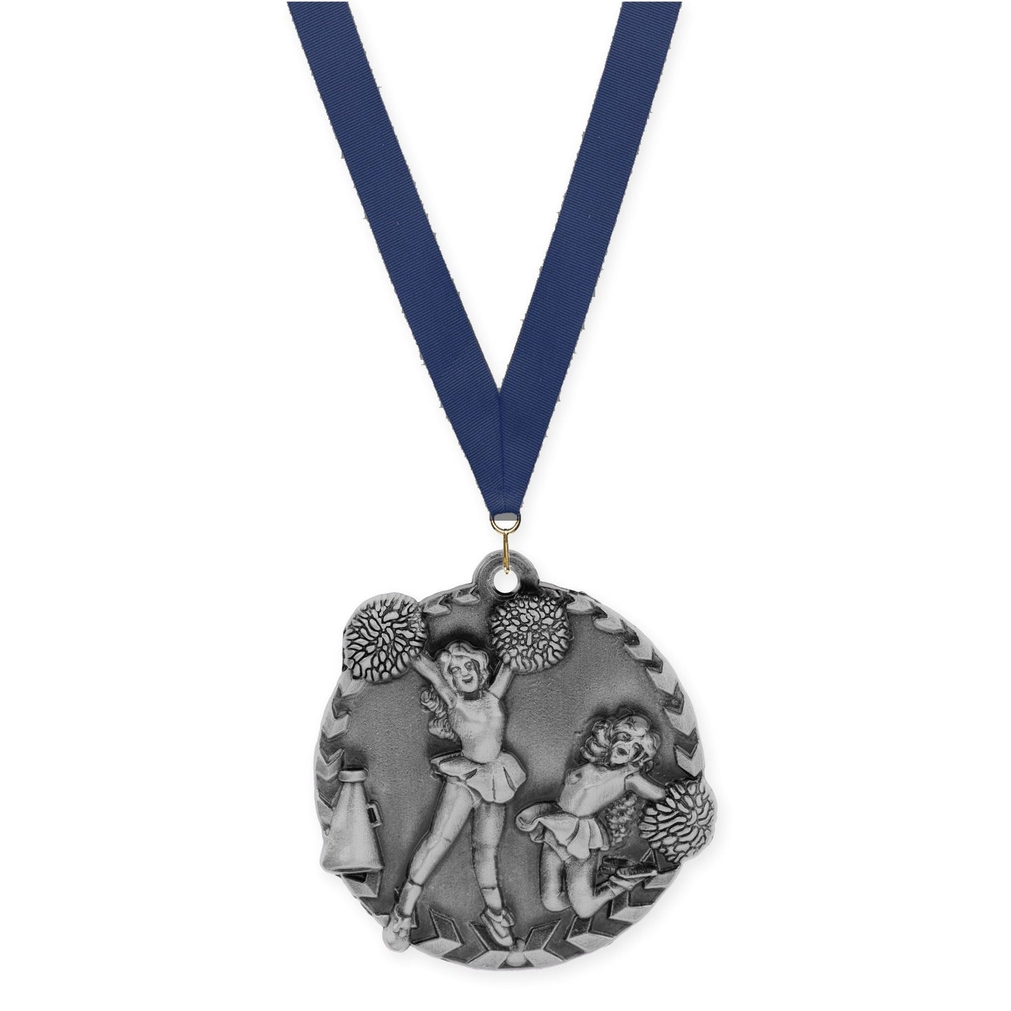 1 3/4 inch cheerleading Millennium medal in antique silver with Navy neck ribbon