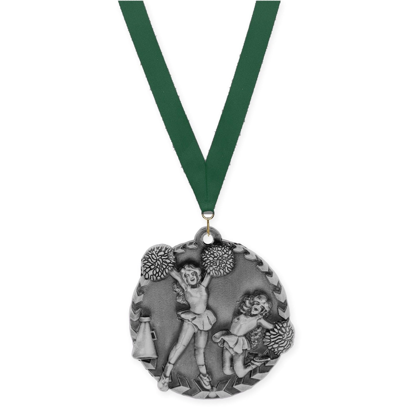 1 3/4 inch cheerleading Millennium medal in antique silver with Hunter Green neck ribbon