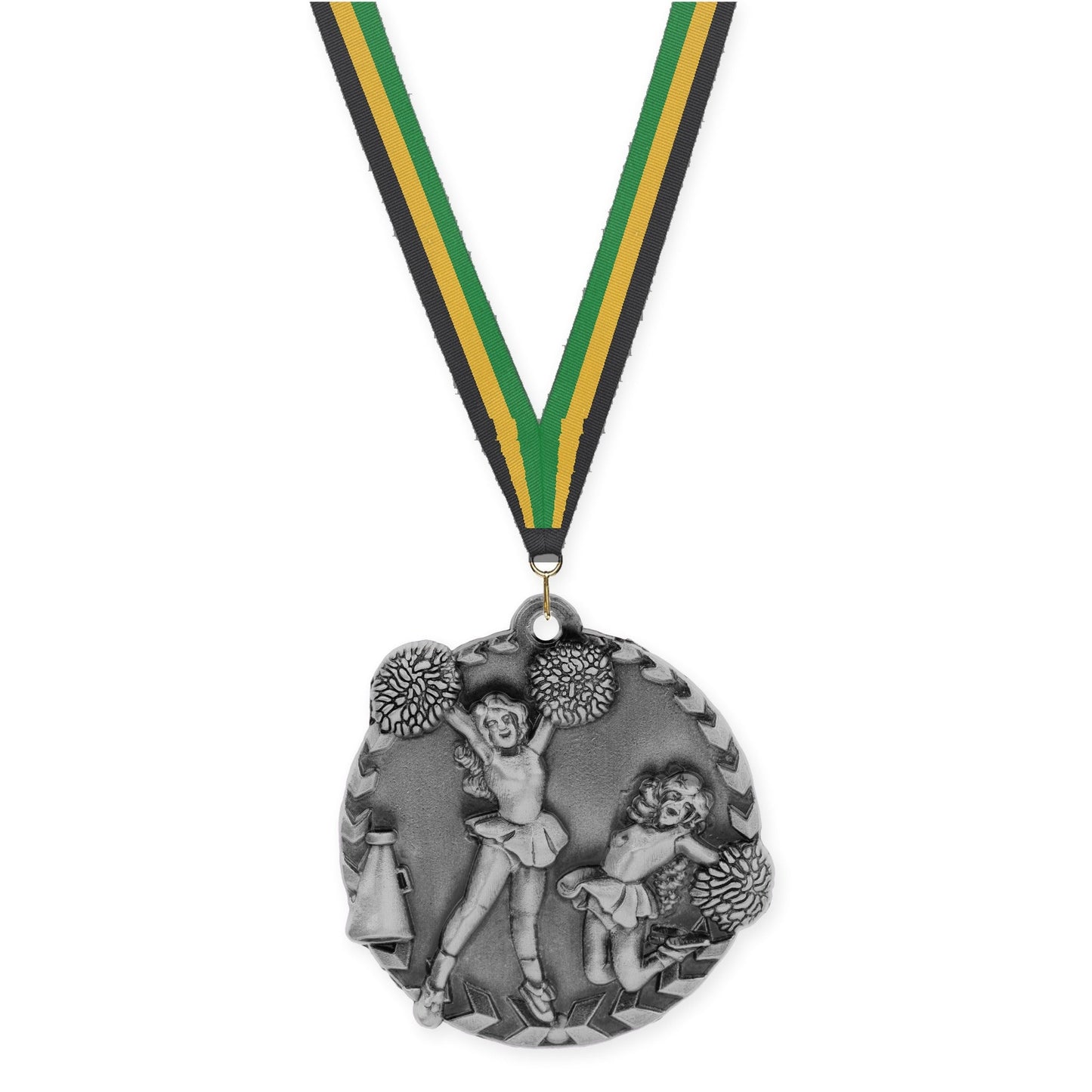 1 3/4 inch cheerleading Millennium medal in antique silver with Black Gold Green neck ribbon