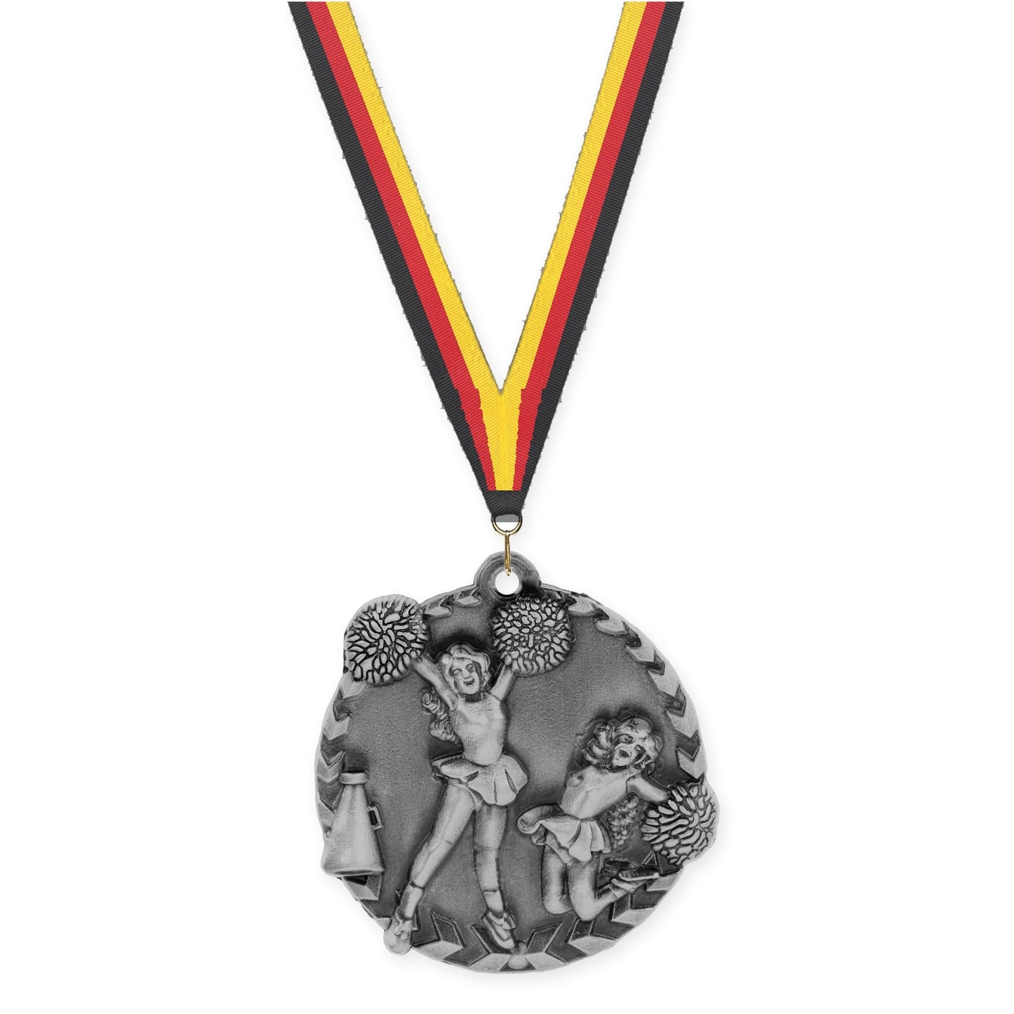1 3/4 inch cheerleading Millennium medal in antique silver with Black Red Yellow neck ribbon