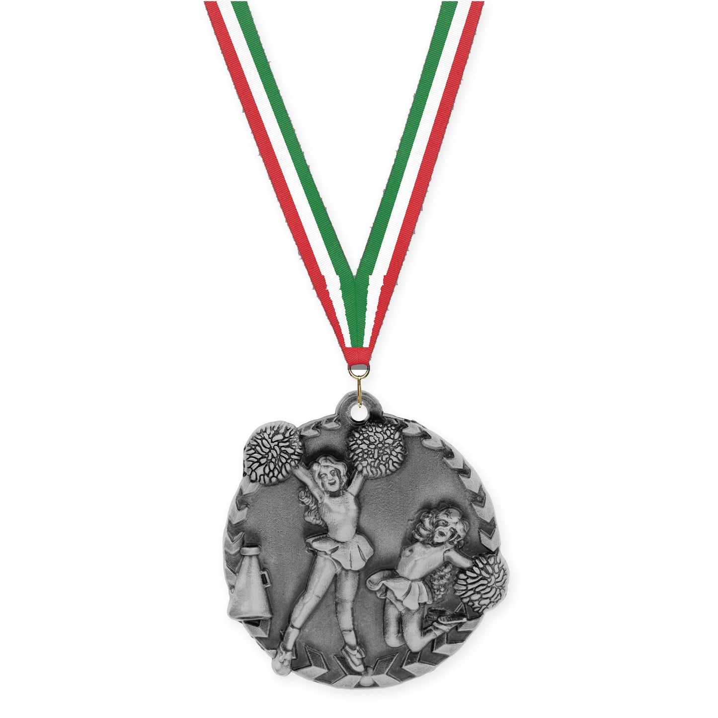 1 3/4 inch cheerleading Millennium medal in antique silver with Red White Green neck ribbon