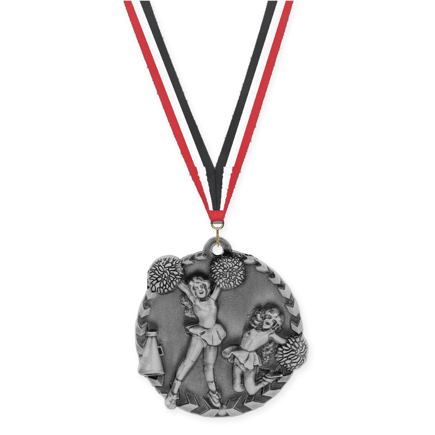 1 3/4 inch cheerleading Millennium medal in antique silver with Red White Black neck ribbon