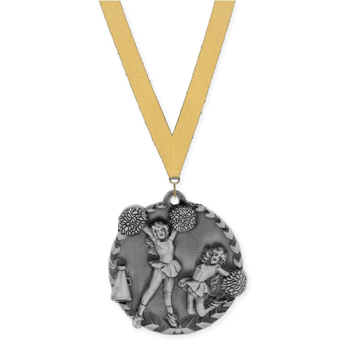 1 3/4 inch cheerleading Millennium medal in antique silver with Gold Metallic neck ribbon