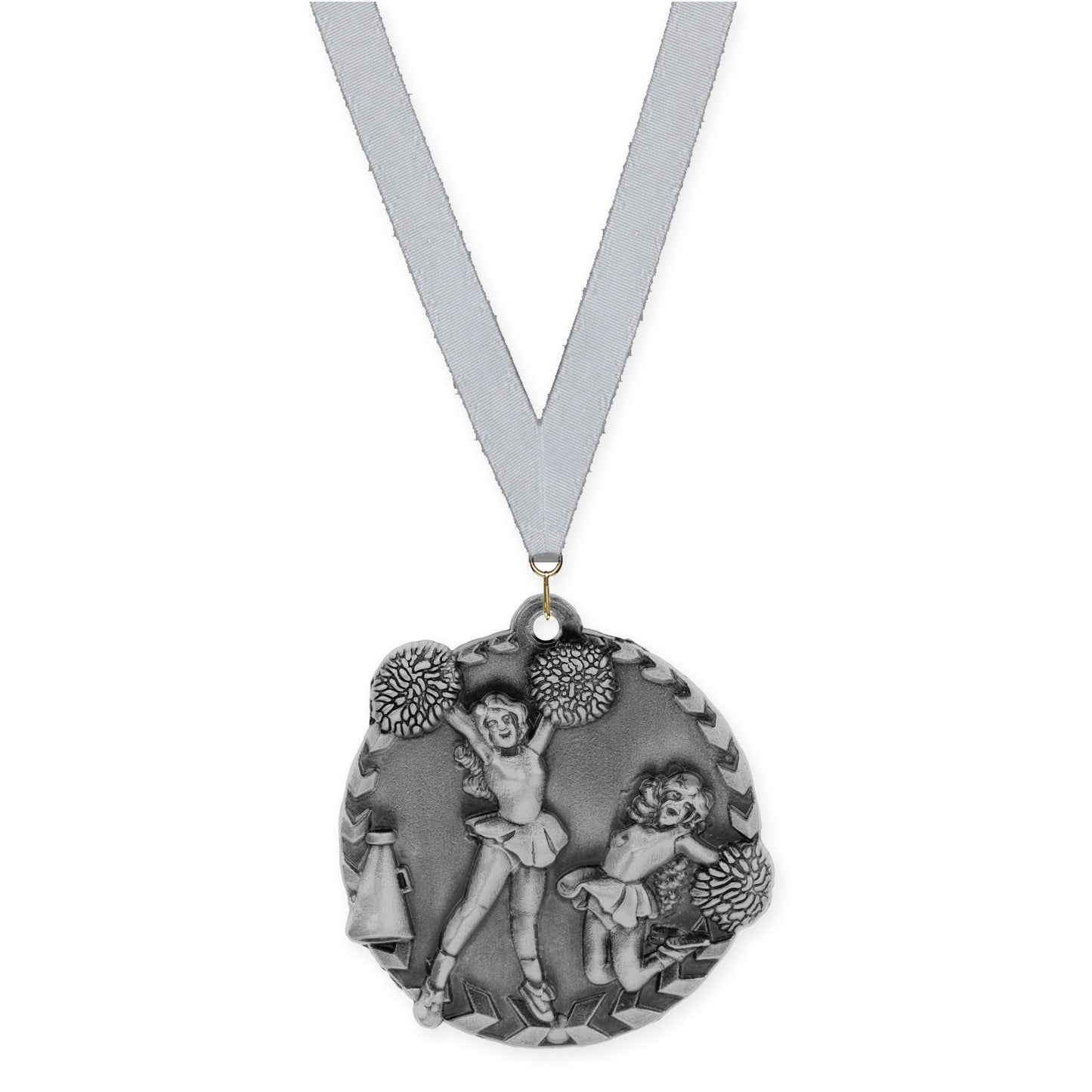 1 3/4 inch cheerleading Millennium medal in antique silver with Silver Metallic neck ribbon