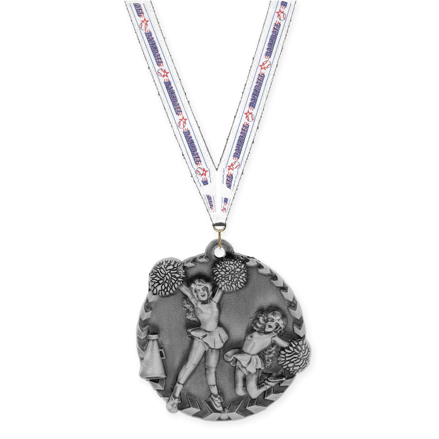 1 3/4 inch cheerleading Millennium medal in antique silver with Baseball neck ribbon