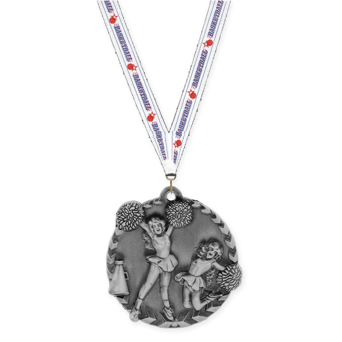 1 3/4 inch cheerleading Millennium medal in antique silver with Basketball neck ribbon