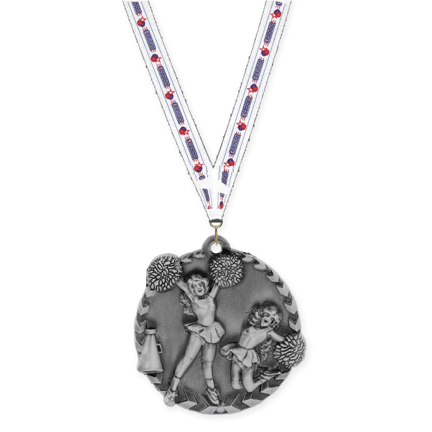 1 3/4 inch cheerleading Millennium medal in antique silver with Cheerleading neck ribbon