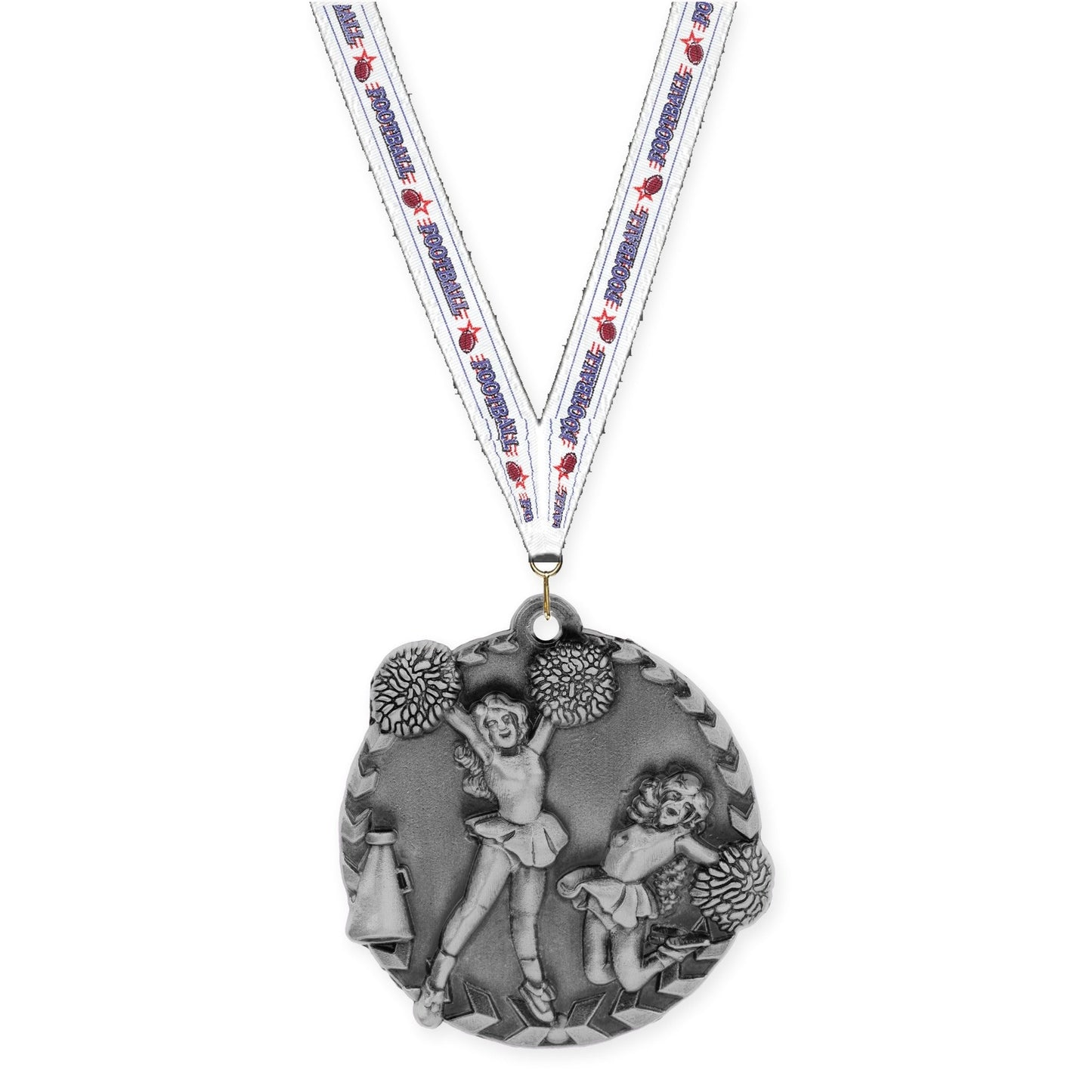1 3/4 inch cheerleading Millennium medal in antique silver with Football neck ribbon