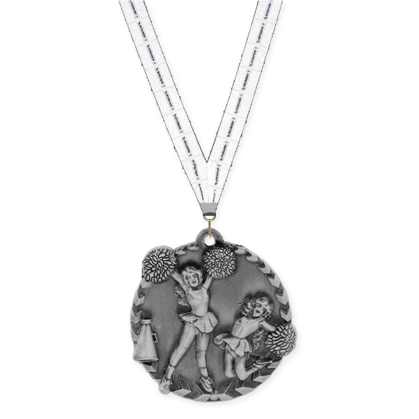 1 3/4 inch cheerleading Millennium medal in antique silver with Gymnastics neck ribbon