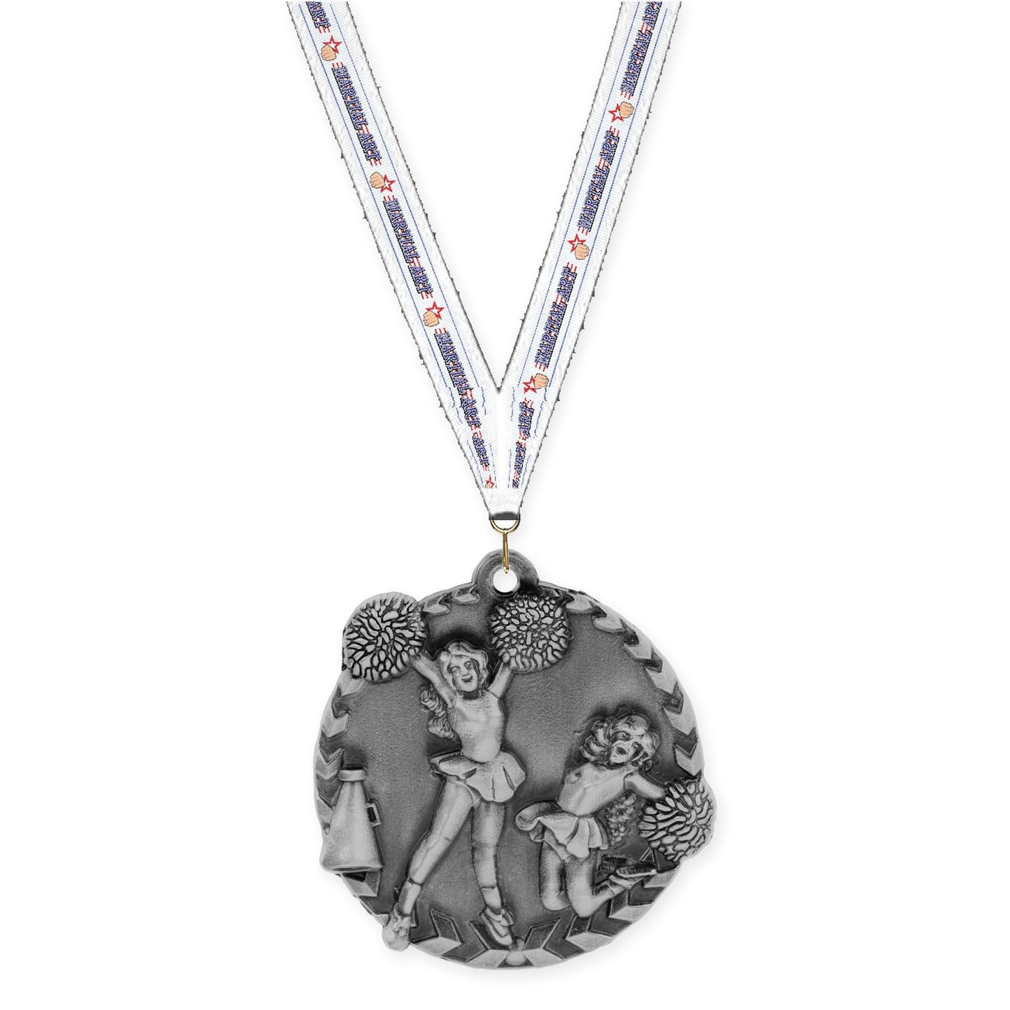 1 3/4 inch cheerleading Millennium medal in antique silver with Martial Arts neck ribbon
