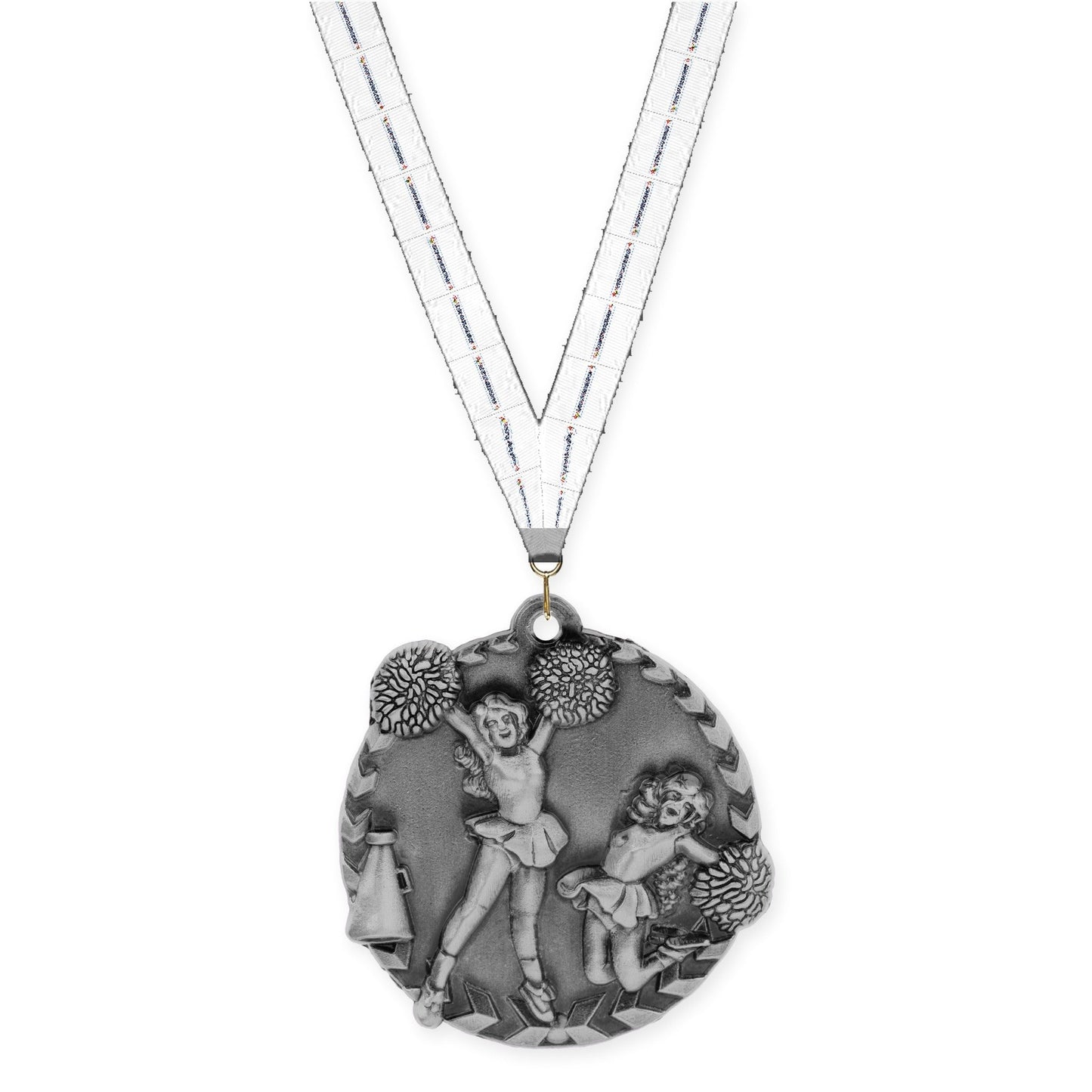 1 3/4 inch cheerleading Millennium medal in antique silver with Lamp Of Knowledge neck ribbon