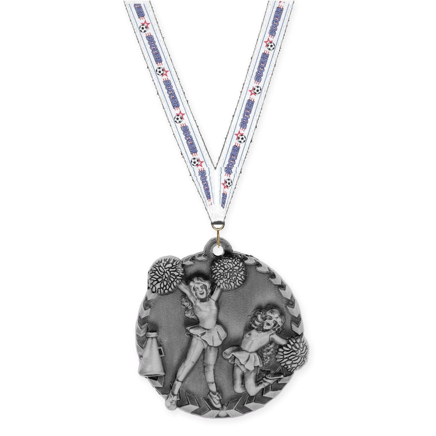 1 3/4 inch cheerleading Millennium medal in antique silver with Soccer neck ribbon