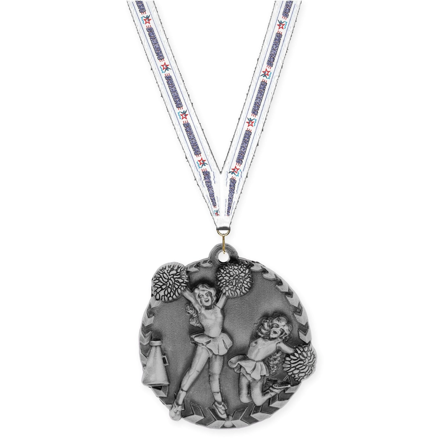 1 3/4 inch cheerleading Millennium medal in antique silver with Swimming neck ribbon