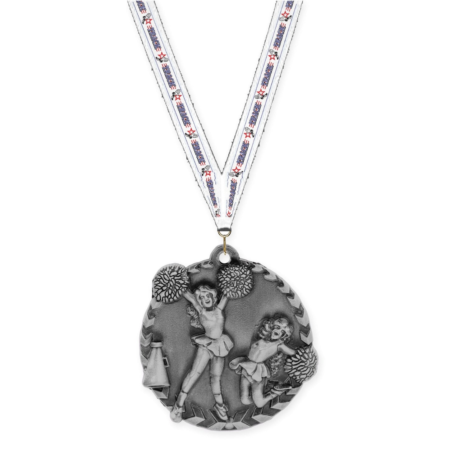 1 3/4 inch cheerleading Millennium medal in antique silver with Track neck ribbon