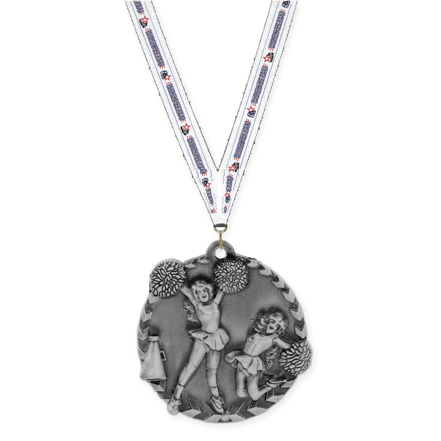 1 3/4 inch cheerleading Millennium medal in antique silver with Wrestling neck ribbon