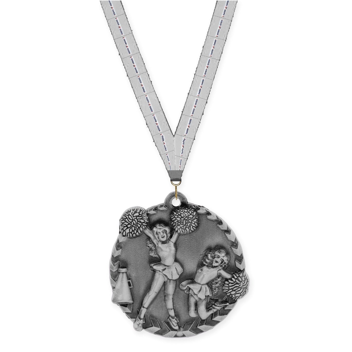 1 3/4 inch cheerleading Millennium medal in antique silver with Auto Racing neck ribbon