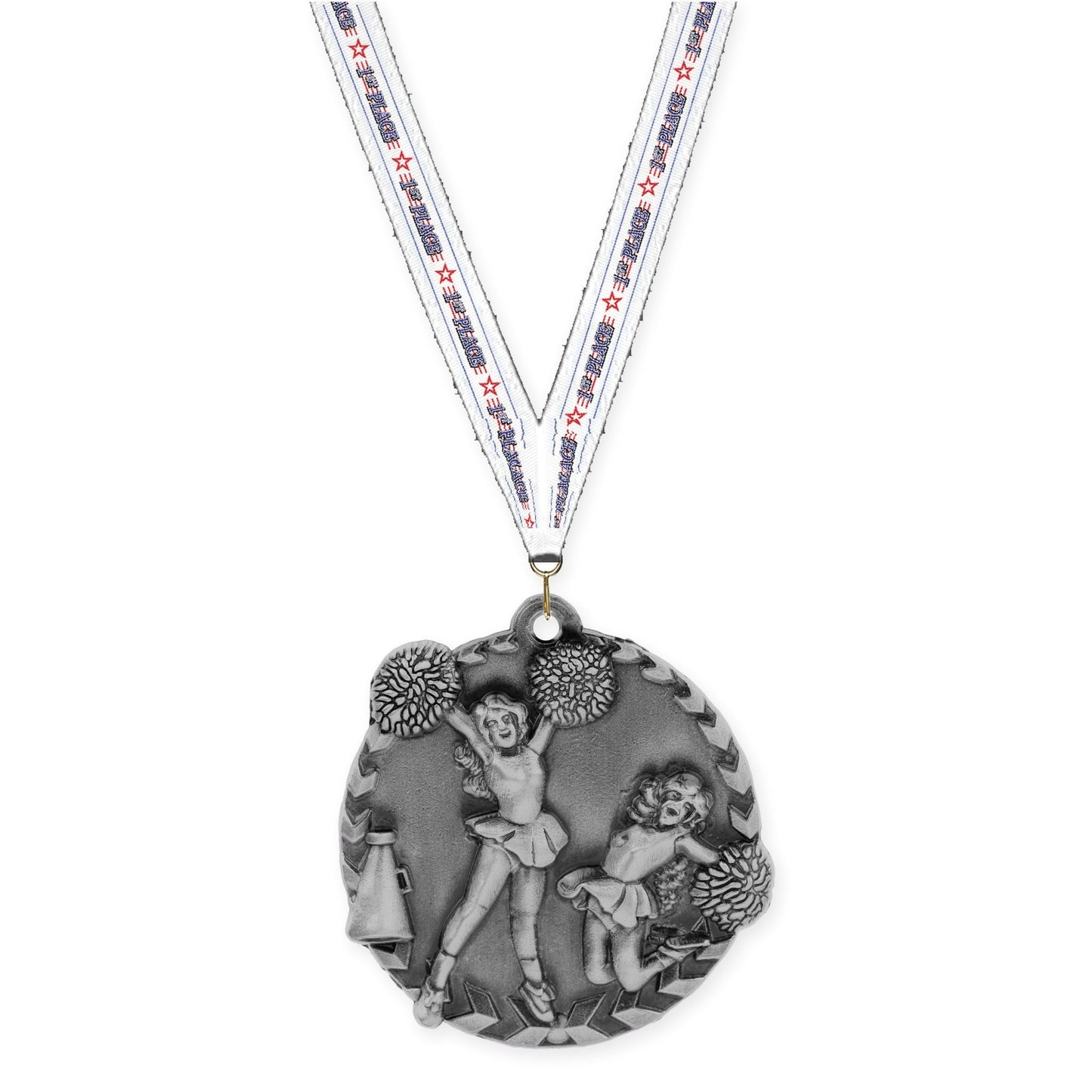 1 3/4 inch cheerleading Millennium medal in antique silver with 1st Place neck ribbon