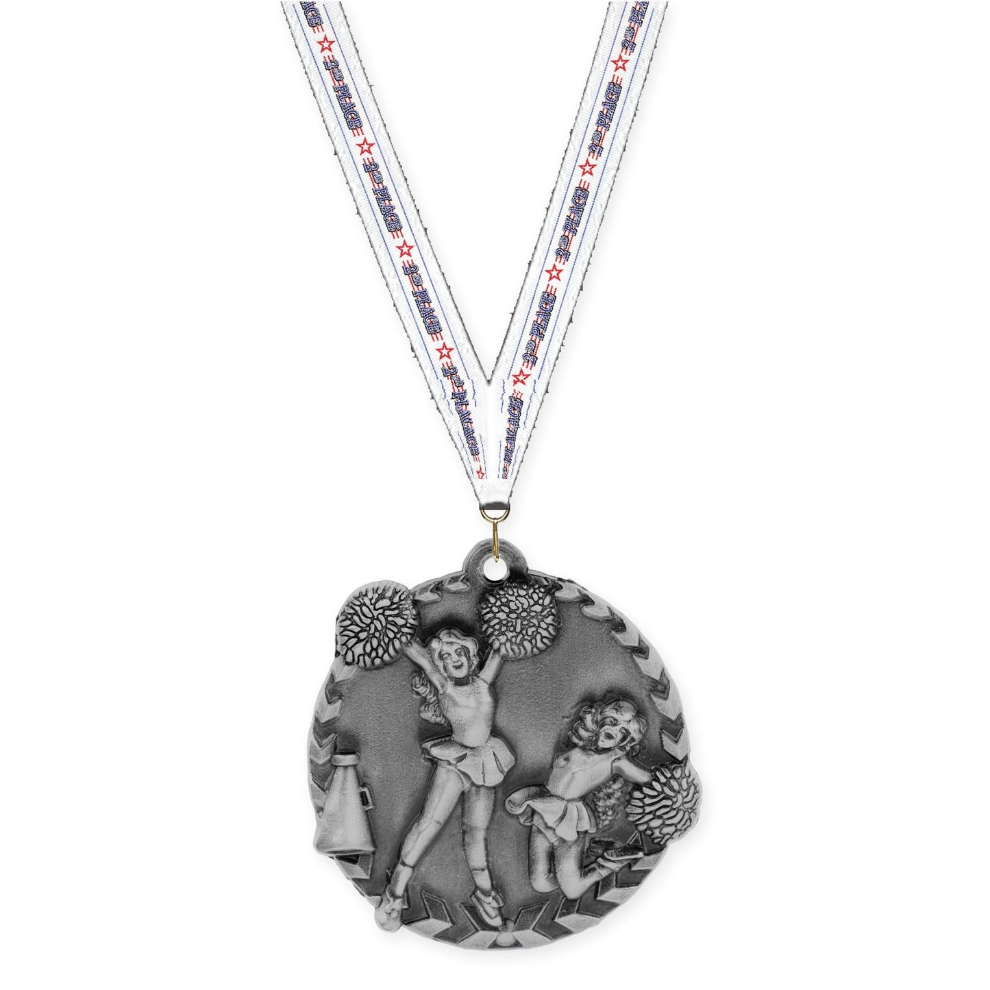 1 3/4 inch cheerleading Millennium medal in antique silver with 2nd Place neck ribbon