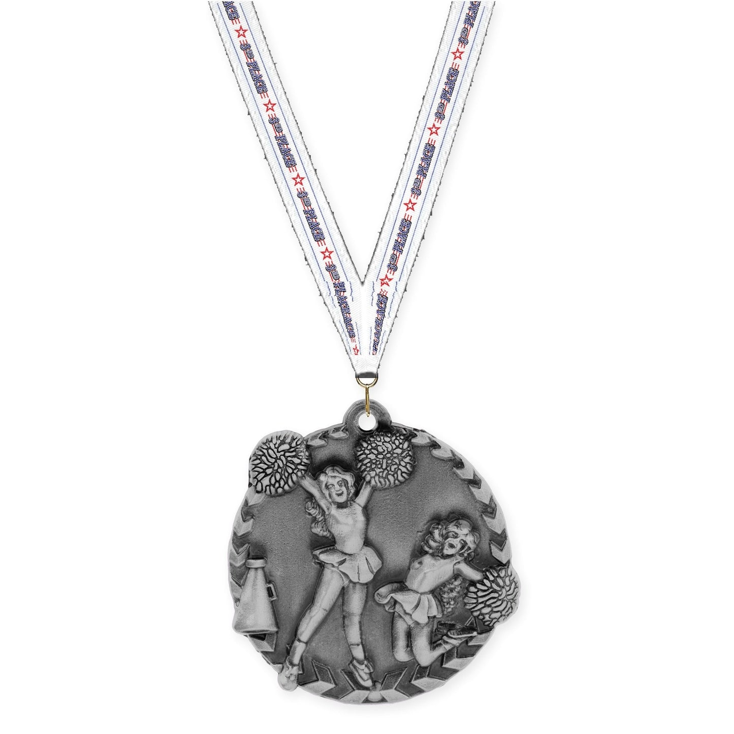1 3/4 inch cheerleading Millennium medal in antique silver with 3rd Place neck ribbon