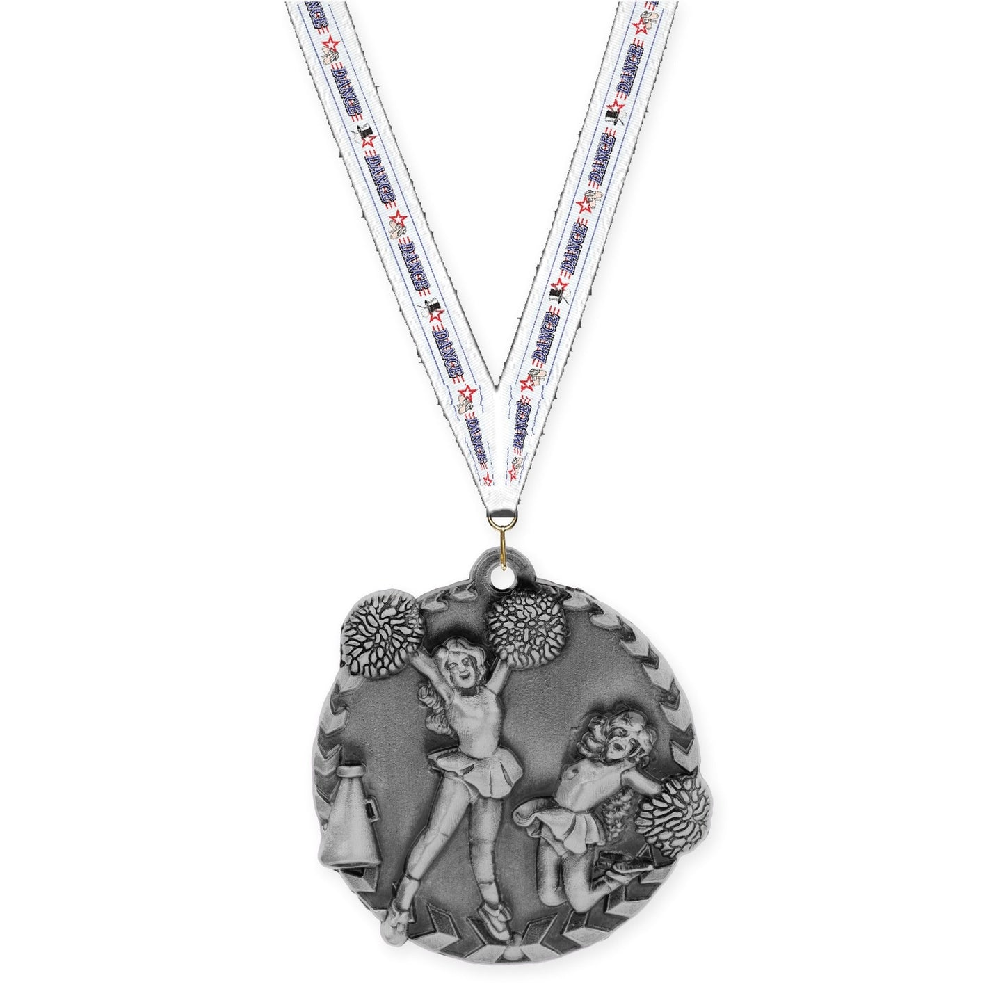 1 3/4 inch cheerleading Millennium medal in antique silver with Dance neck ribbon