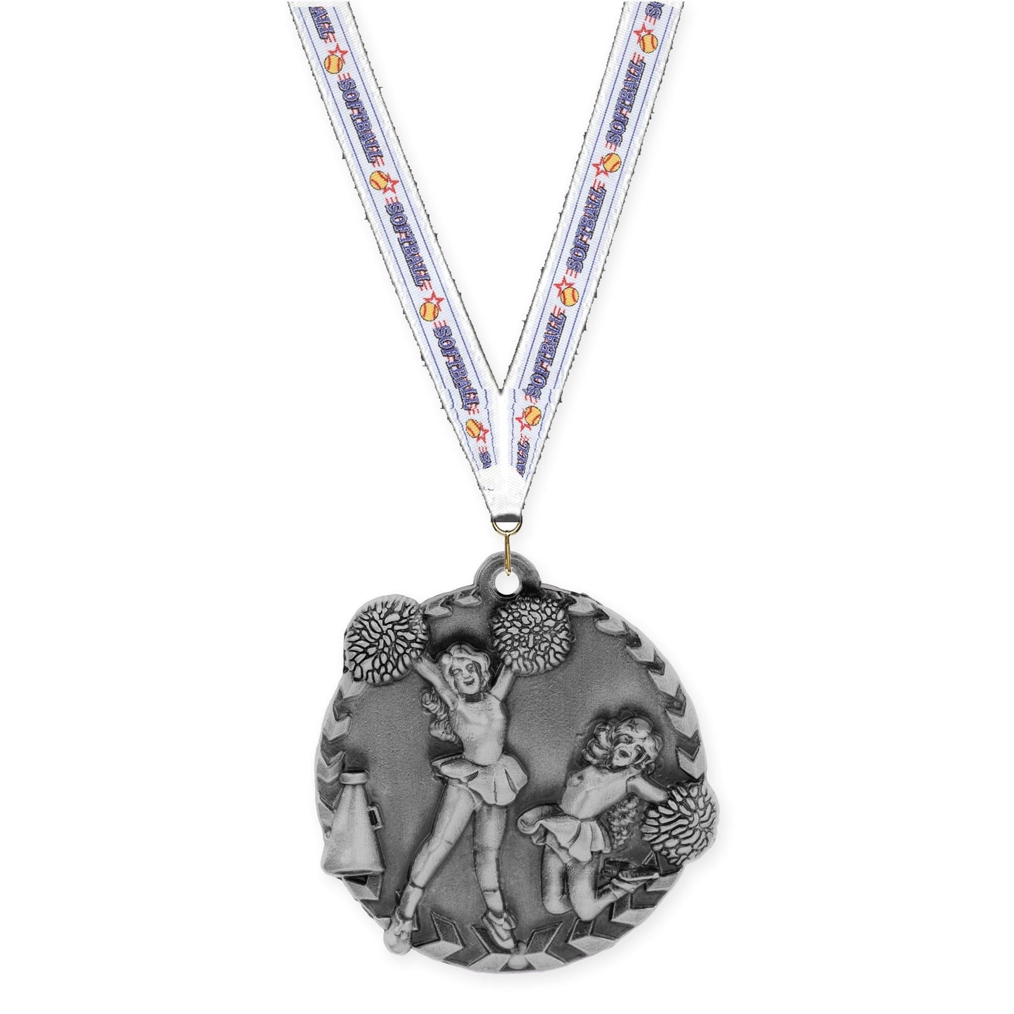 1 3/4 inch cheerleading Millennium medal in antique silver with Softball neck ribbon