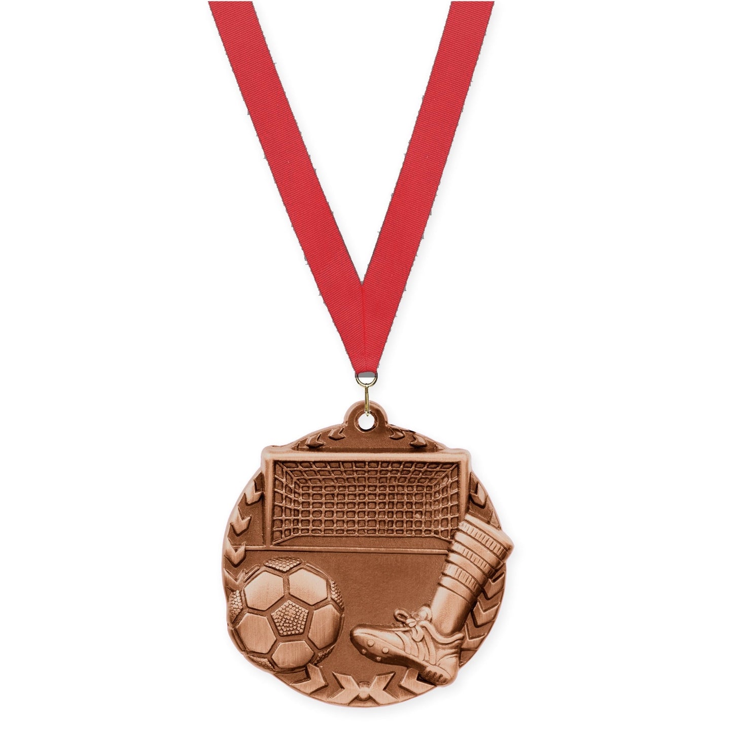1 3/4 inch soccer Millennium medal in antique bronze with Red neck ribbon